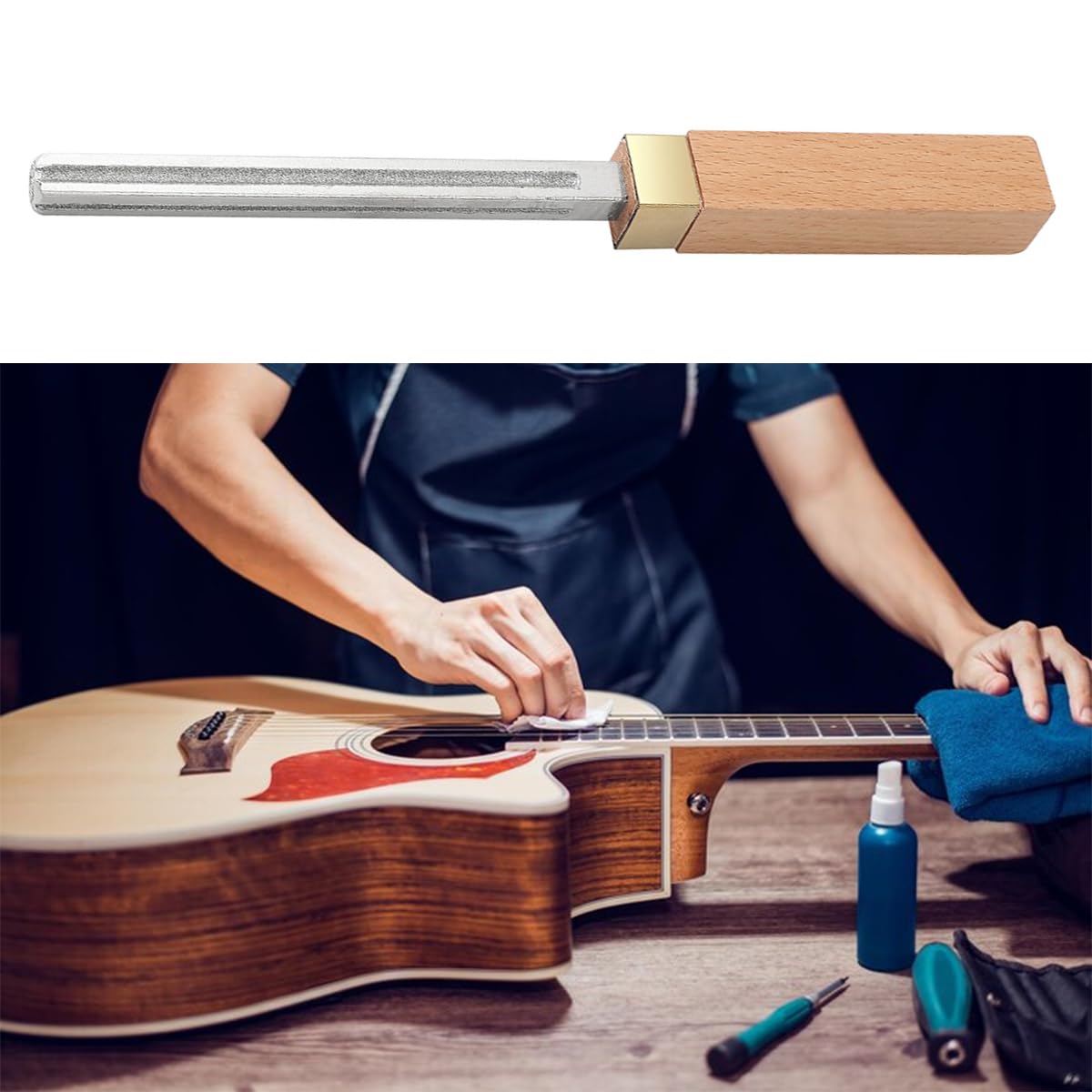 Gorise Outil de couronnement de frettes de Guitare en Diamant, Lime à frettes avec 3 Bords étroits/Moyens/Larges, Outils de réparation de Guitare et de luthier, Manche en Bois