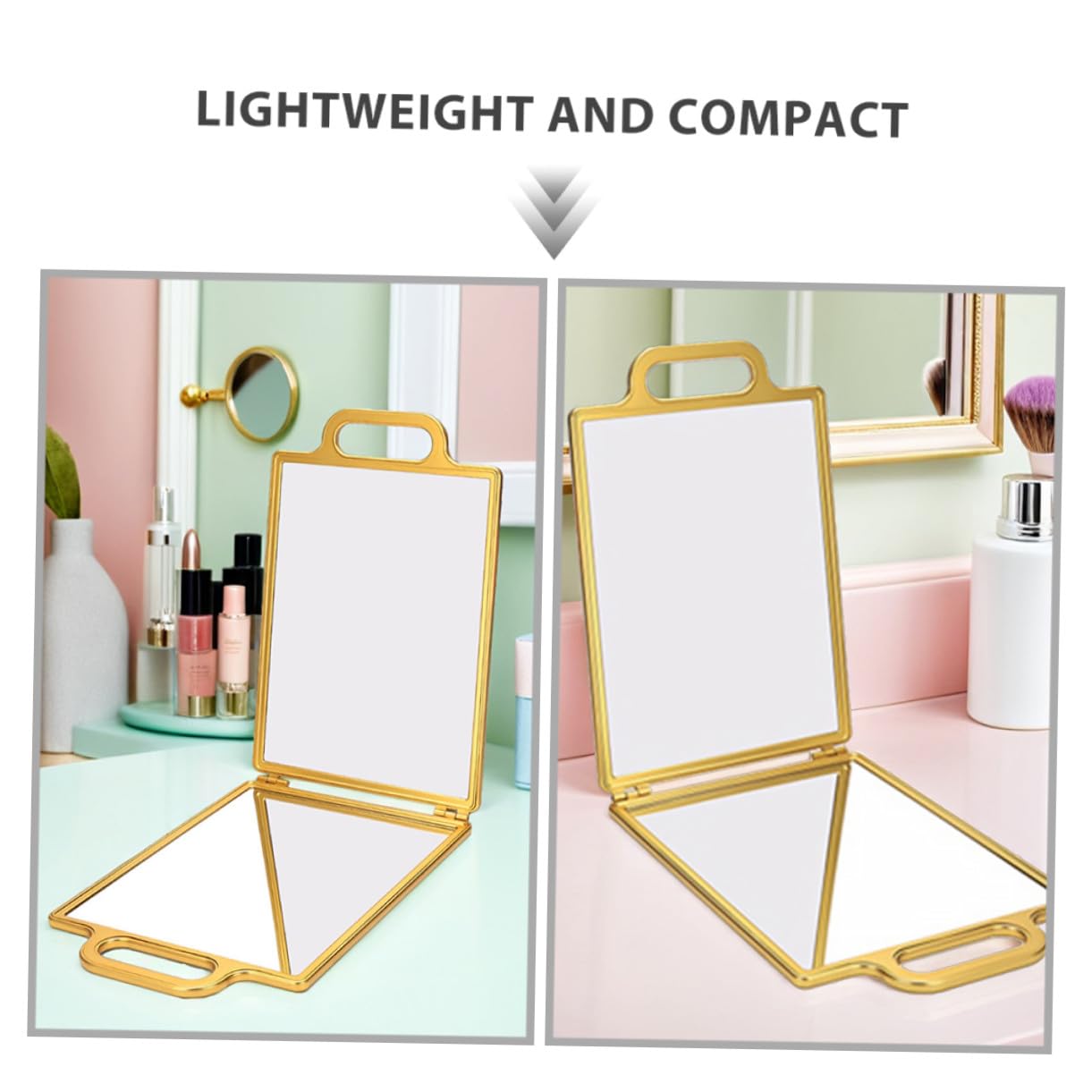 Faltbarer doppelseitiger Friseur Handspiegel Gold mit Ständer Tragbar für Selbsthaarschnitt Ansicht Kompakt Reise Make-up Styling Handtaschenspiegel