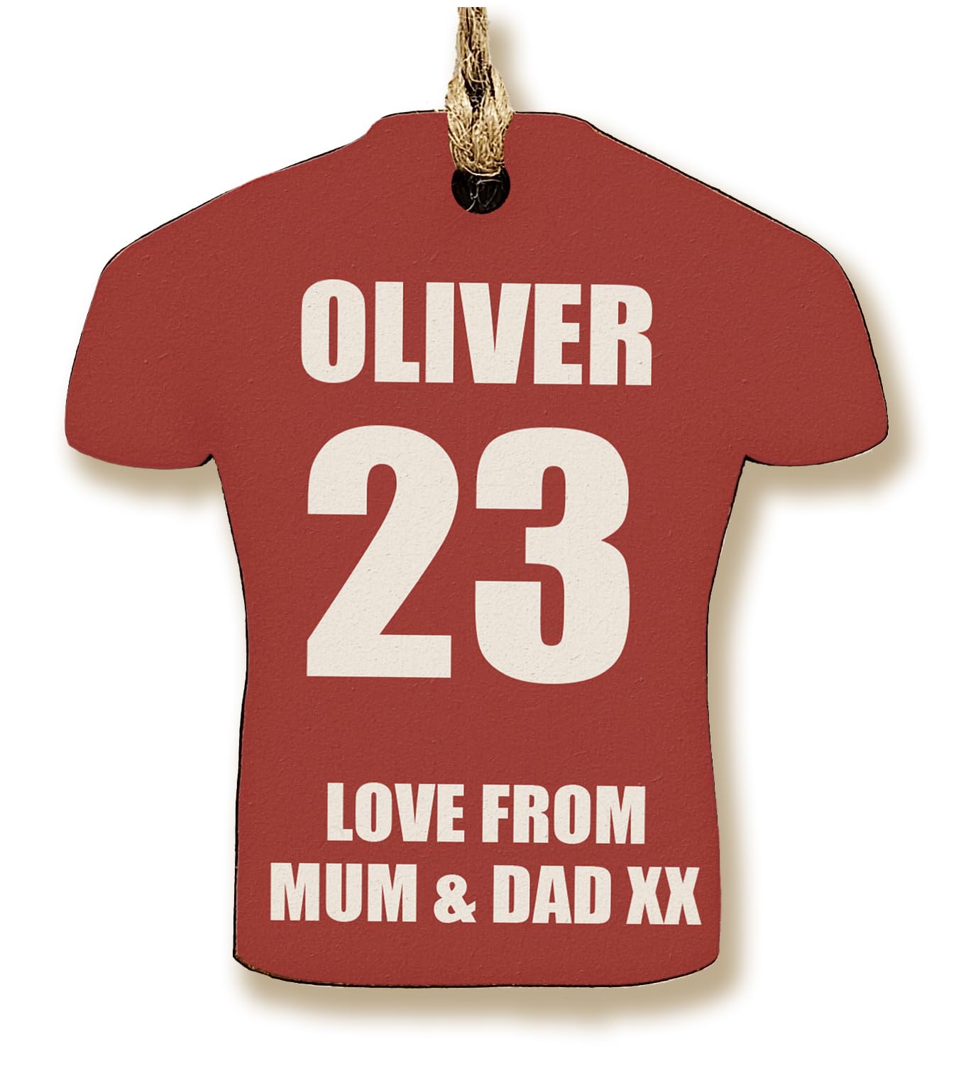 The Plum Penguin Customisable Football Shirt-Shaped Gift Tag Personalised MDF Dad Grandad Keepsake Name and Number Team Colours Footy Fan (Red)