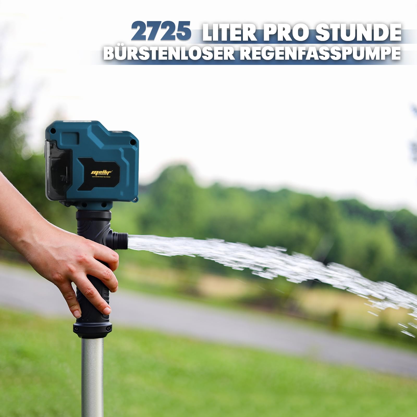 Mellif Akku Regenfasspumpe kompatibel mit Bosch professional 18V Akku, Wasserpumpe (Bürstenlos Motor, max. Fördermenge 2725 L/h,Förderhöhe 8 m,3-stufiger Durchfluss) für Regenwassertonne (Ohne Akku)