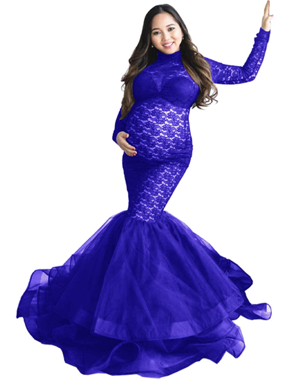 CFWSHJ Abito Premaman Elegante in Pizzo Trasparente per Servizio Fotografico Abito Maxi tutù in Tulle a Maniche Lunghe per Foto