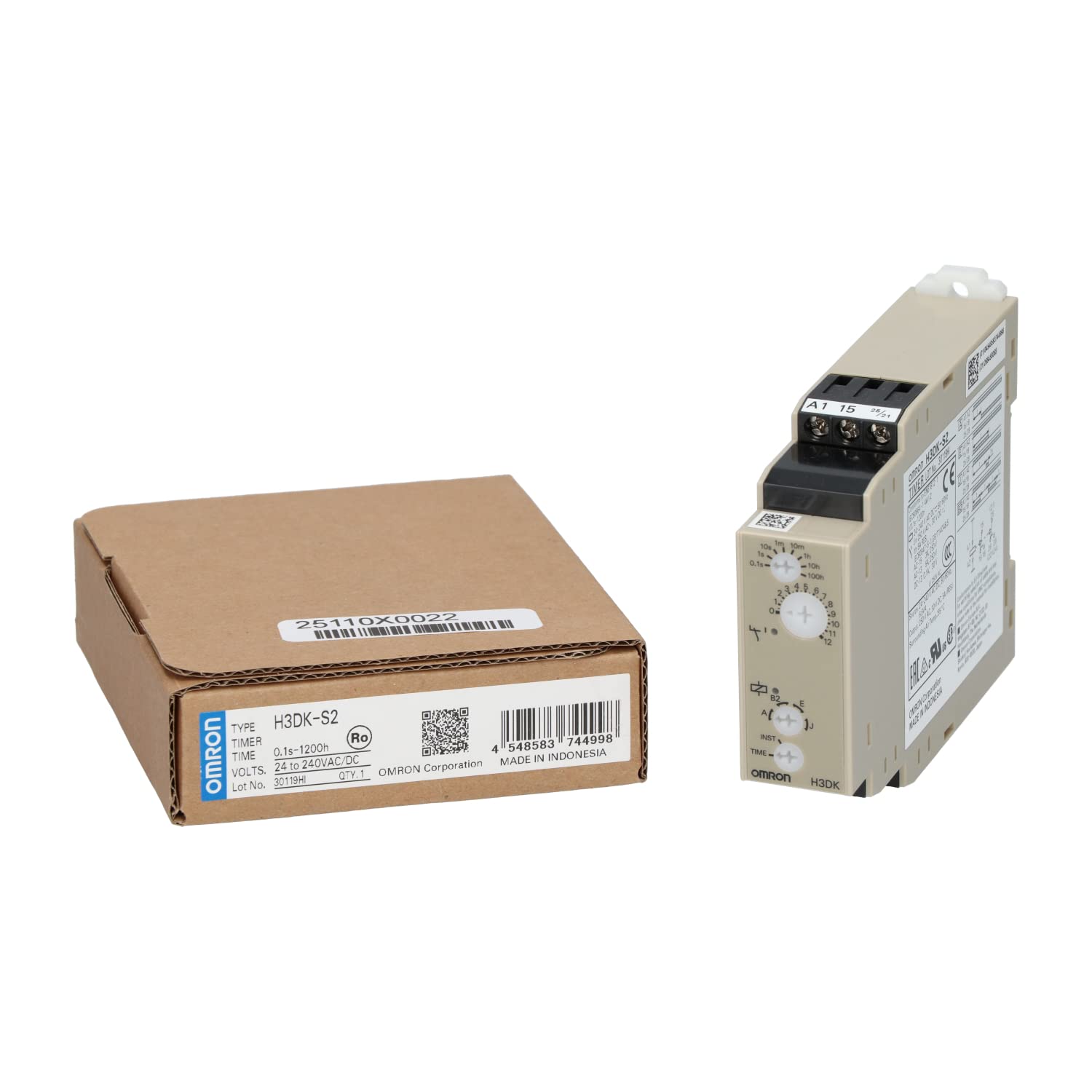 OMRON H3DK-S2 AC/DC24-240 24 to 240 VAC, 24 to 240 VDC, 4 Mode, 50/60 HZ, DIN Rail Mount, DPDT TIME Delayed Output Contacts, IP30 Rating, SPDT INSTANTANEOUS Output Contacts, Timer