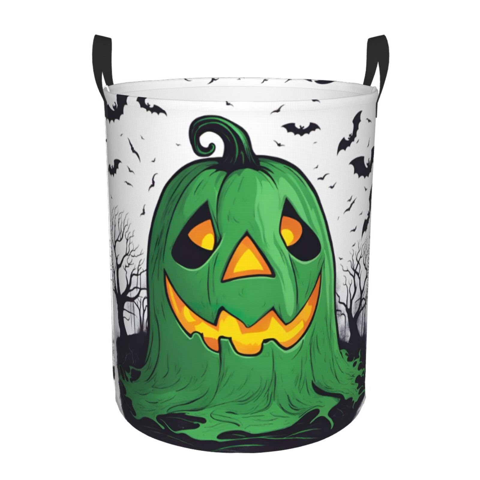 M Collapsible Laundry Hamper Round Green Ghost Horror Halloween Pumpkin Print Storage
