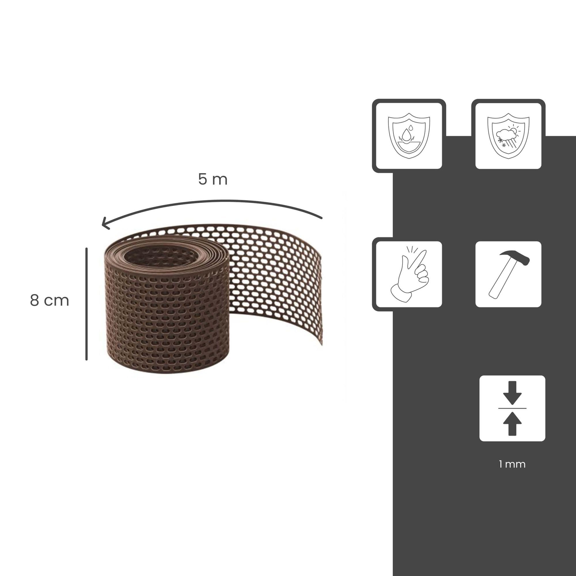 Rejilla de protección contra pájaros 5m x 80mm, 1 rollo Rejilla de alero marrón de PVC, cinta de ventilación para una ventilación óptima de la fachada y el tejado