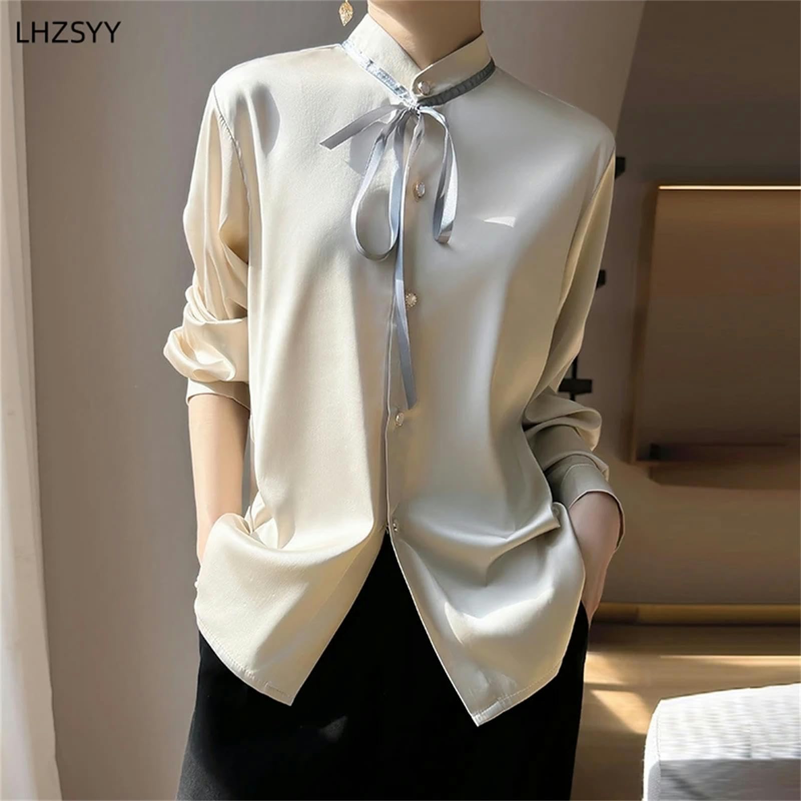 Bluse Damen Cardigan Stehkragen Satin Shirt Frauen Frühling Stil Bluse Langarm Top-Weiss-m