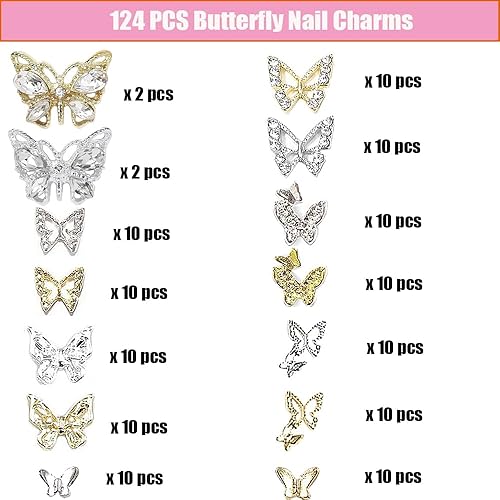 Miniatura 9 de Dijes de mariposa 3D para uñas, 100 piezas de dijes de mariposa para uñas, dijes plateados y dorados para uñas acrílicas, accesorios de arte de uñas