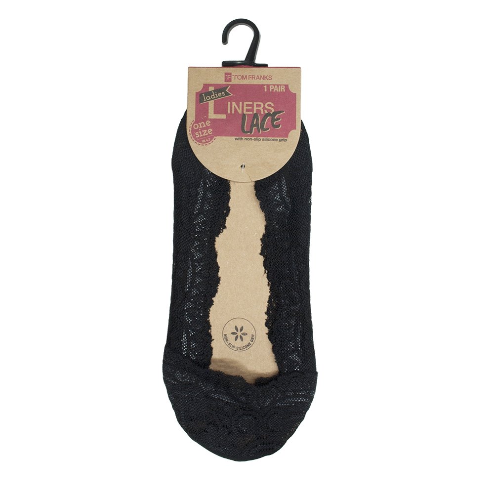 Tom Franks Women's Black 1 Pair Girls Lace Shoe Liners Footsies Non-Slip Sock Sole Uk 4-7