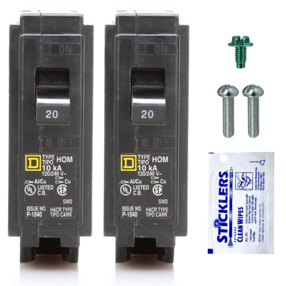 FalconSupply Genuine Square D HOM120 Circuit Breaker (2 Pack) Kit Bundle, 20 Amp (20A) Single Pole, 120V, 10kAIC, UL Listed, Plug-On for Homeline Load