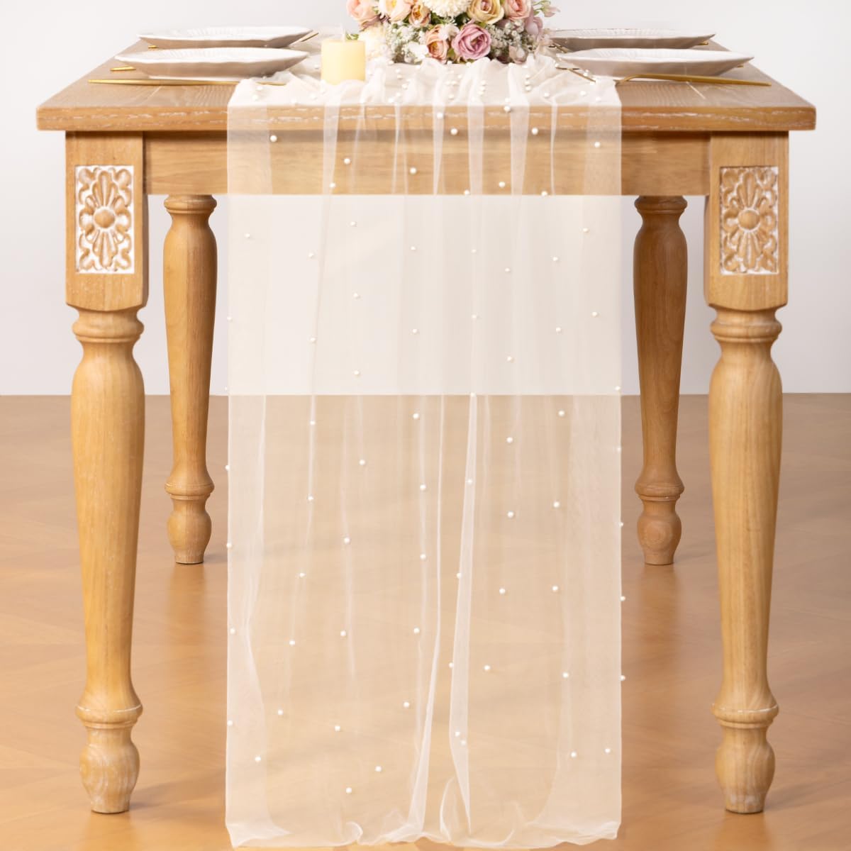 DeZerlor Pearl Ivory White Gauze Table Runner 120 Inch 10FT, Seasonal Sheer Dining Holiday Wedding Birthday Baby Shower Table Decor for Home Party
