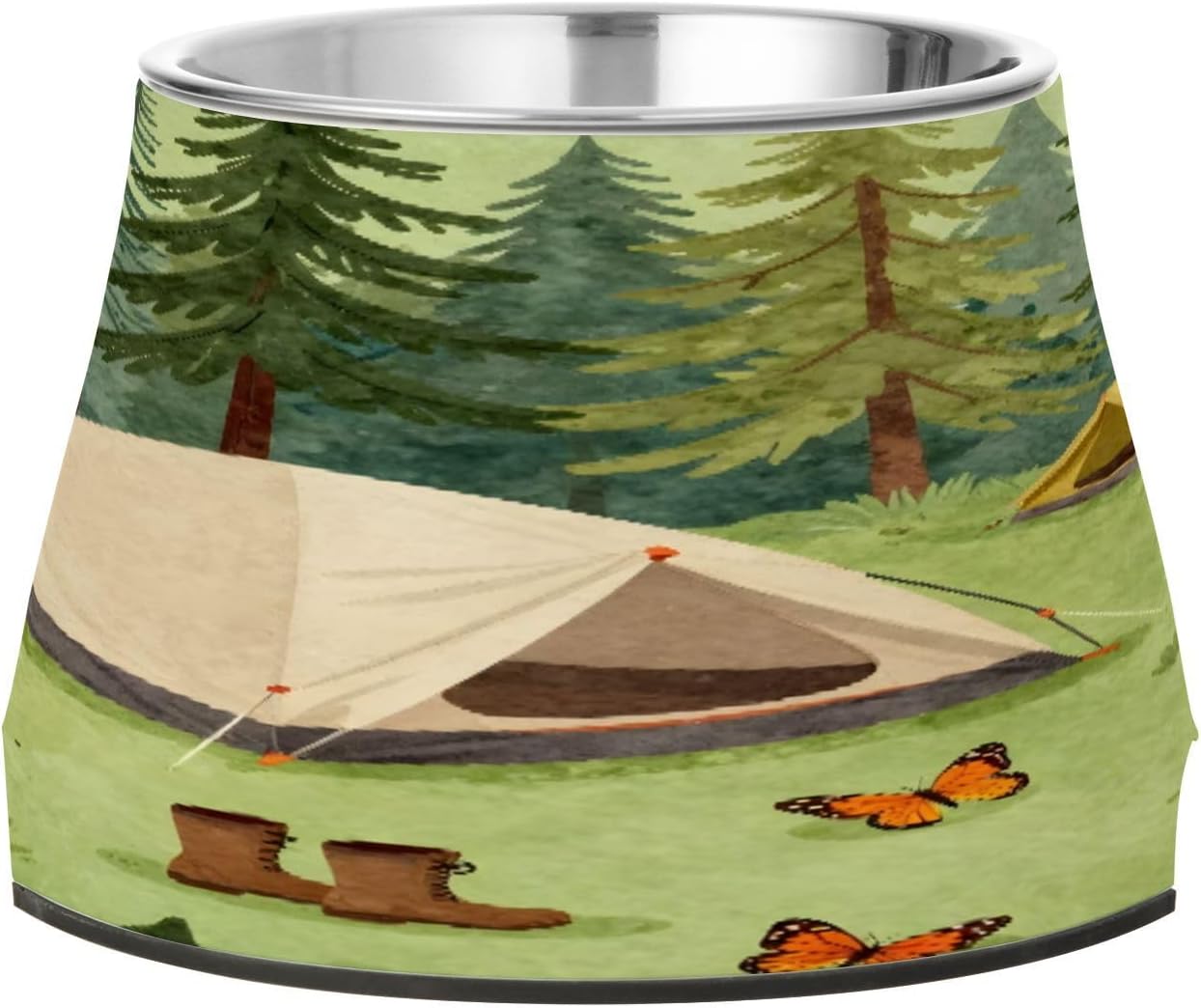 Camping-Tents-Forest-Illustration-Nature-Tree Dog Bowl – Stainless Steel Cat Bowl 18 oz – Non-Slip Rubber Base Pet Bowl for Food or Water