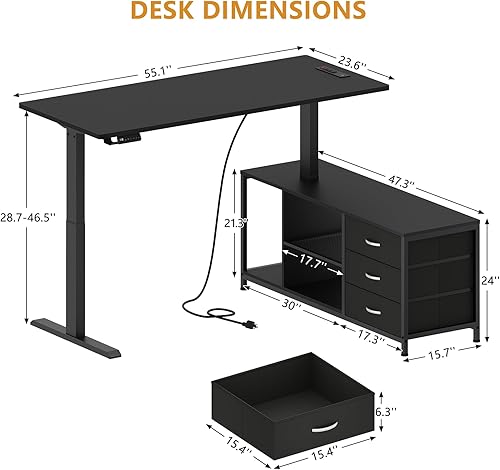 Miniatura 2 de Escritorio eléctrico de pie en forma de L con cajones y estantes, escritorio de computadora de esquina ajustable en altura con tomas de corriente,