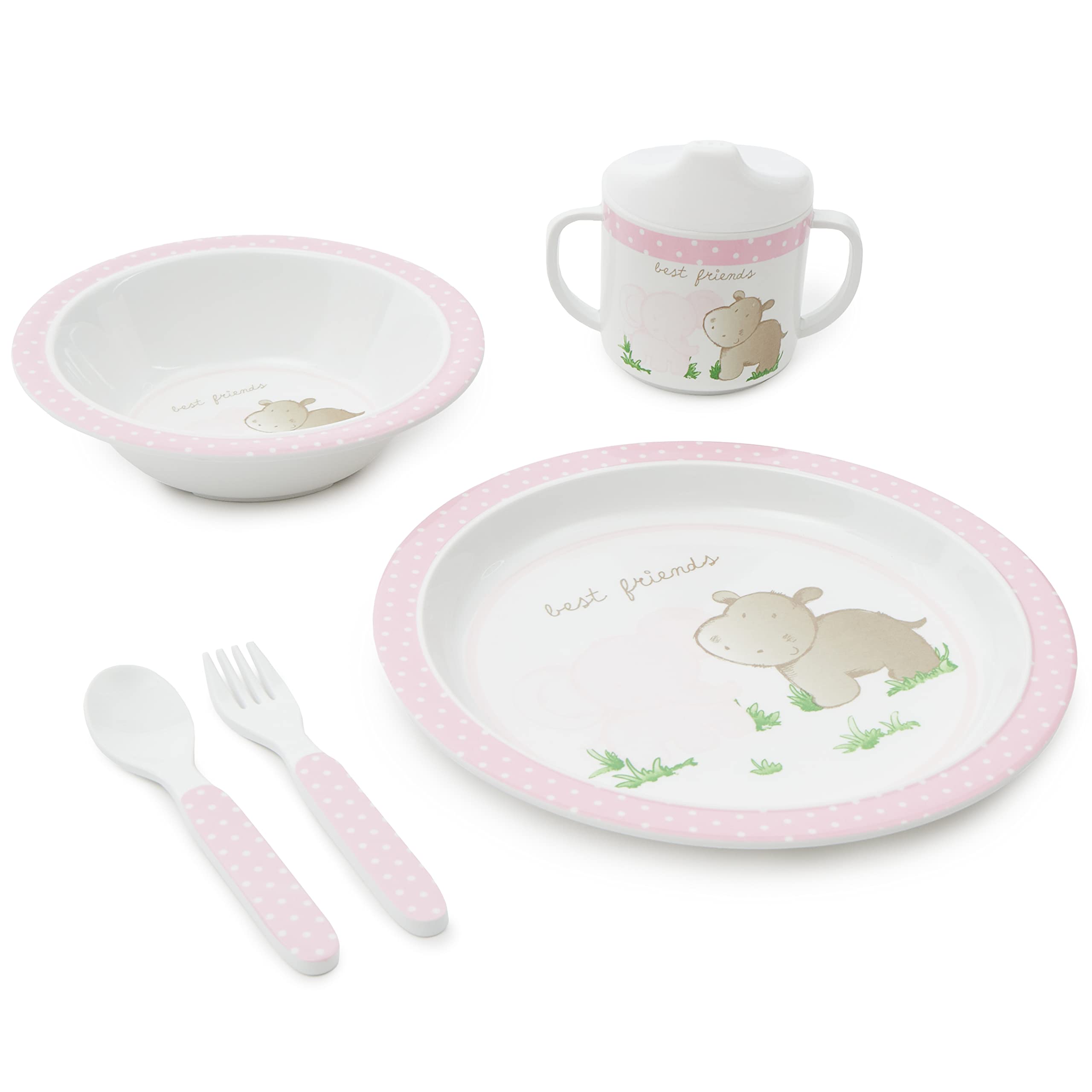 Bieco Set de Vajilla Infantil con Diseño de Animales | Vajilla Bebé 5 Piezas | Infantil Melamina | Set Comida Bebé | Niñas | Rosa