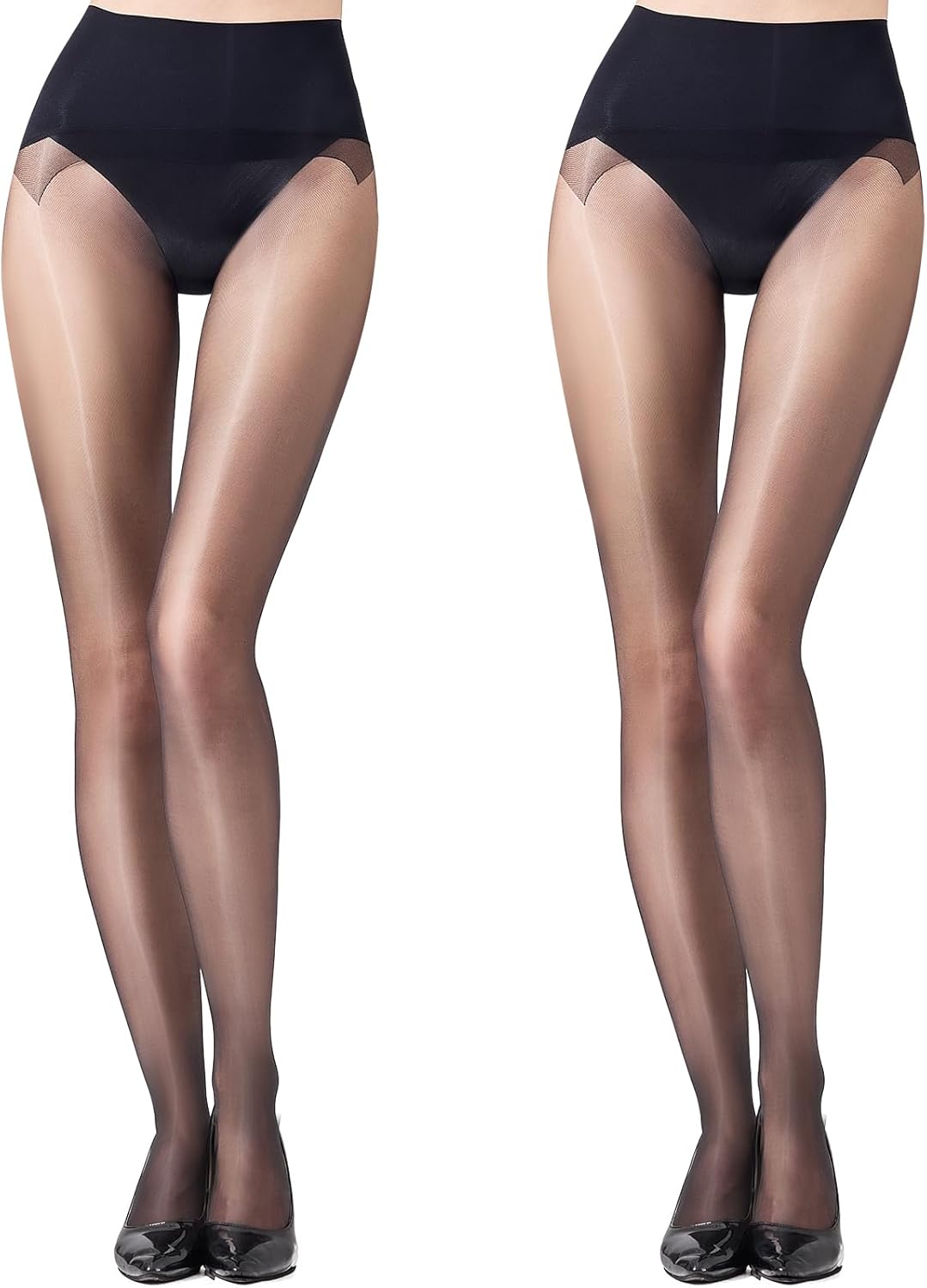 2 Pairs Women's Sheer Seamless Pantyhose Shiny Tummy Control Tights 20D High Elastic Shimmer Silk Stockings