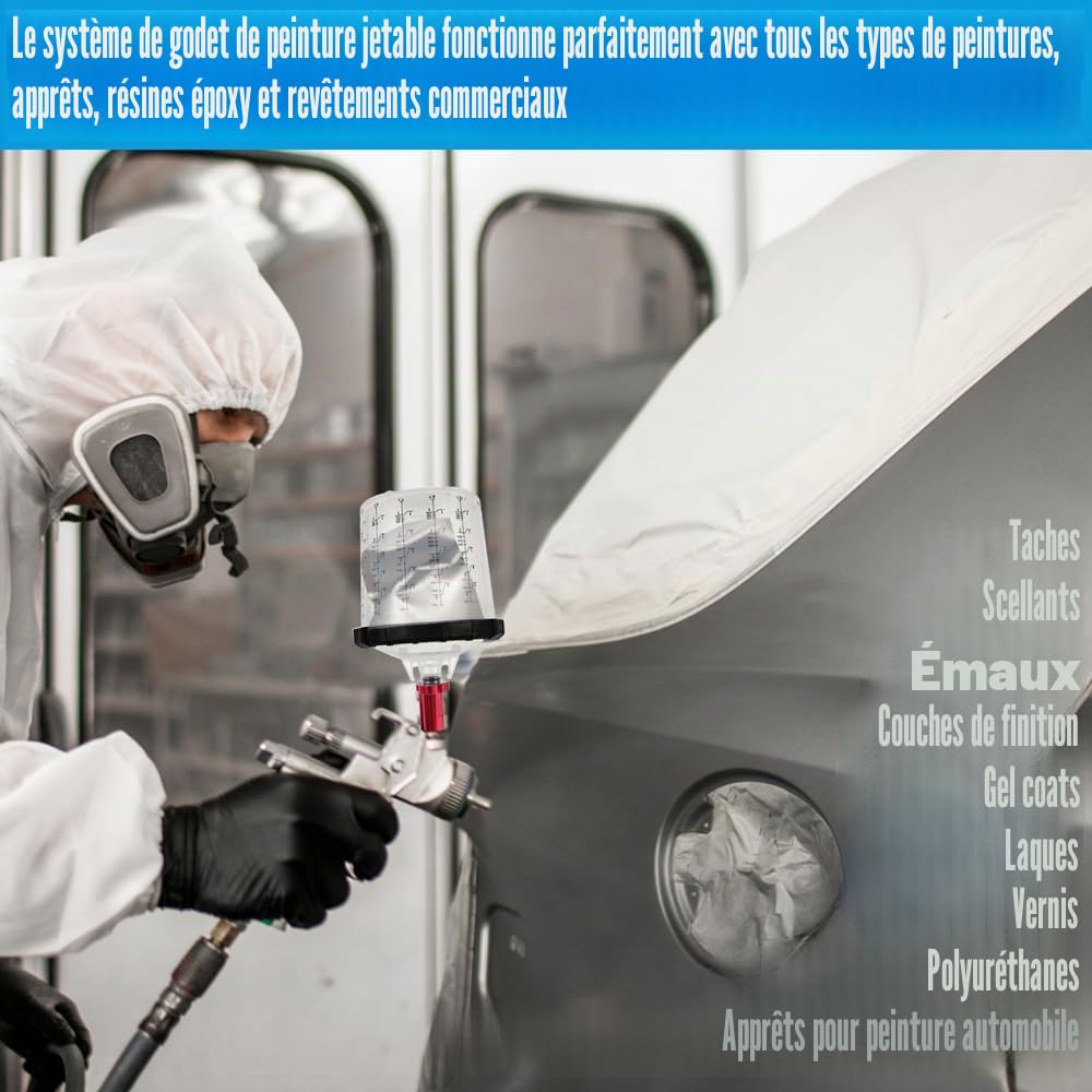 Ensemble de Godets Jetables pour Pistolets à Peinture HVLP et LVLP, 600ML Kit de Tasse de Mélange de Peinture Comprenant 30 Gobelet et Couvercles, 30 Filtres, 10 Bouchons et 2 Adaptateurs pour Godets