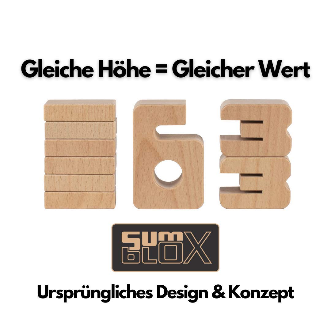 SumBlox Einsteiger Set - 38 Groß Holz Bausteine aus massiver Buche - Premium Zahlenbausteine Montessori Spielzeug - Mit 36 Aktivitätskarten in Deutsch zur Förderung des spielerischen Lernens