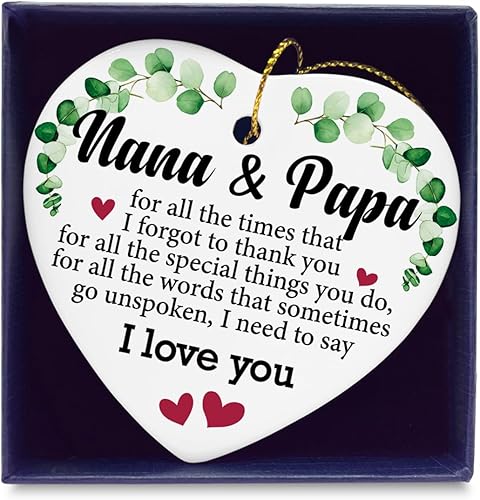 Nana and Papa Gifts - Adornos de cerámica, regalos para la mejor abuela y el abuelo, letrero de cerámica con forma de corazón, adorno de recuerdo de