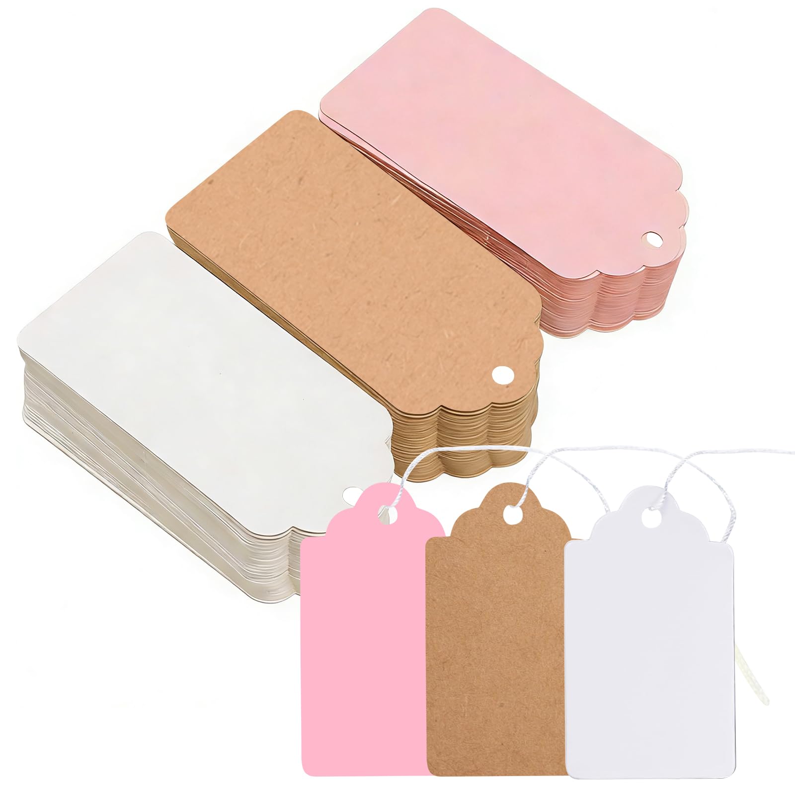 Writable Price Labels, Tag Stickers, Display Tags with Hanging Strings – Quick Identification & Reusable Item Organization for Clothing, Jewelry, Gifts (White+Brown+Pink,300)