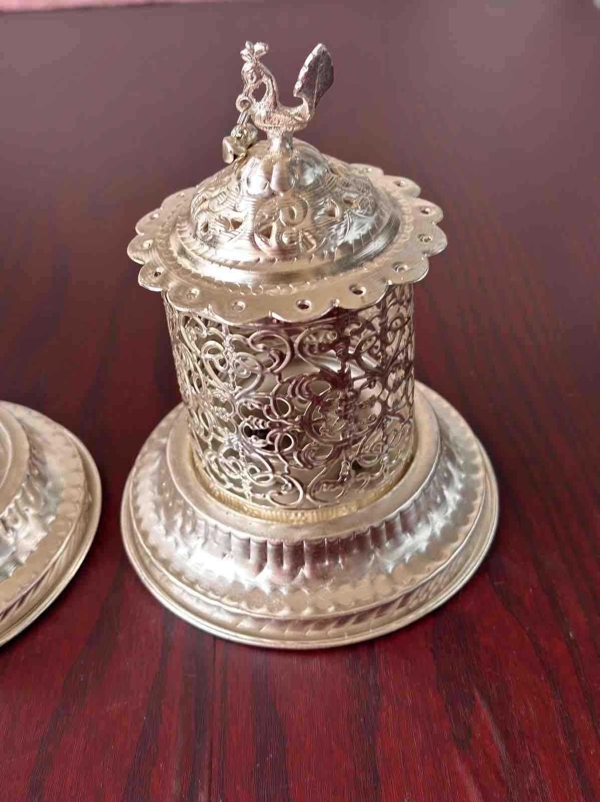 Jarman Silver akhand Dia Mayur akhand Diya or loban Burner, German Antique Big Size Pure Silver Finish Diya-image-7