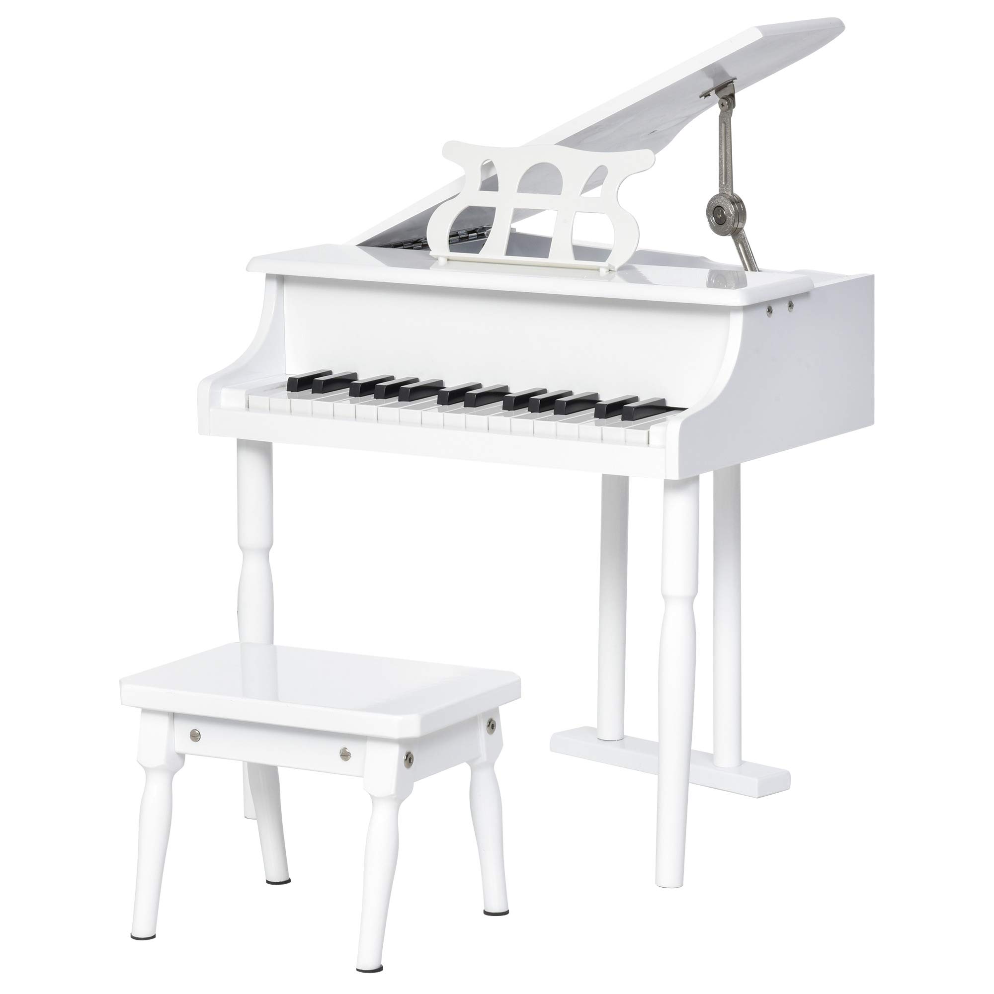 HOMCOM Piano de Cola Infantil con 30 Teclas para Niños 52x50x49 cm Blanco | de MDF, Taburete, Atril de Partituras, Instrumento Musical Didáctico
