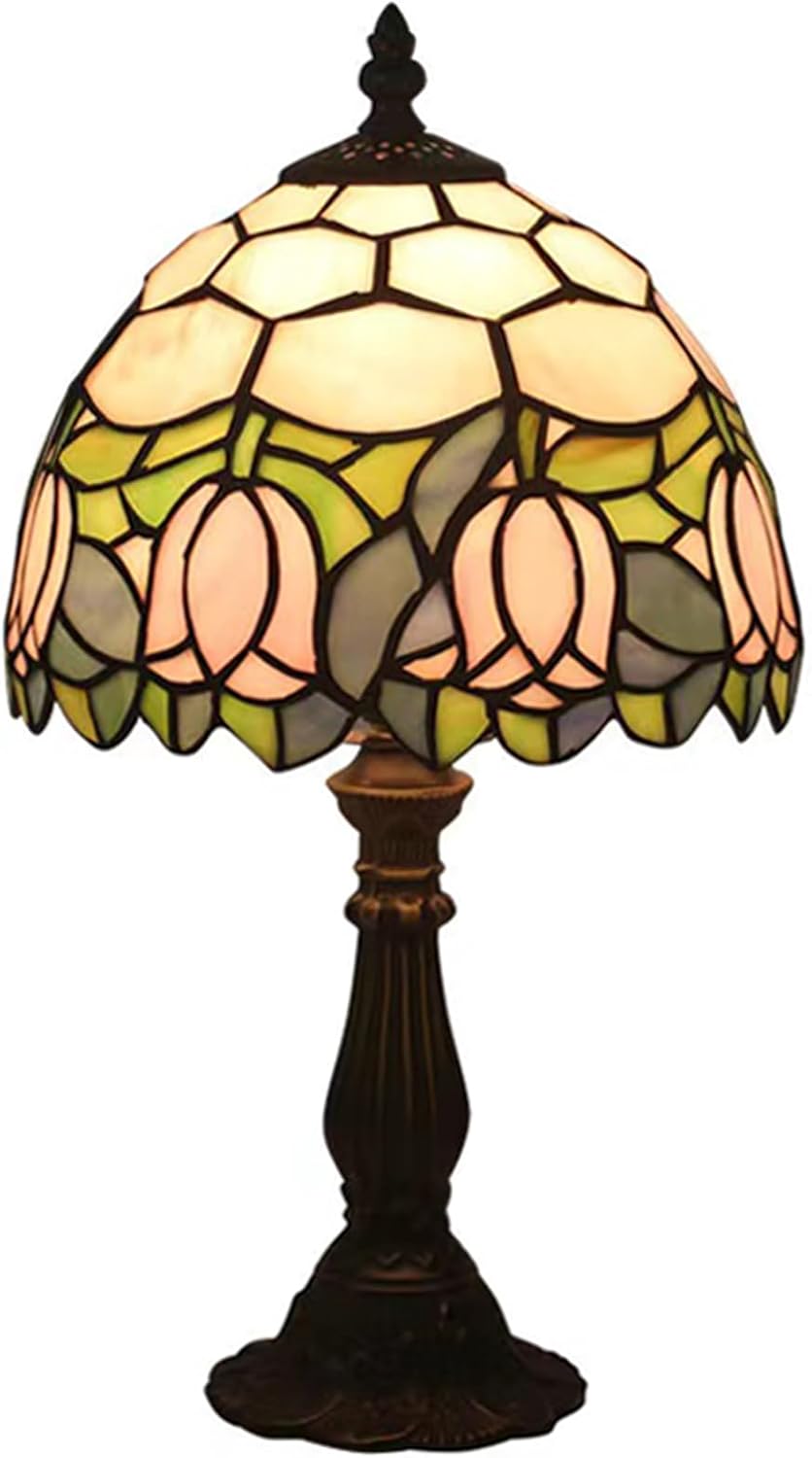 Tiffany Style Table Lamp, Pink Tulip Stained Glass Lamp, 8 Inch Small Antique Lamp, for Bedside Nightstand Bedroom Living Room Home Office, Include LED Bulb