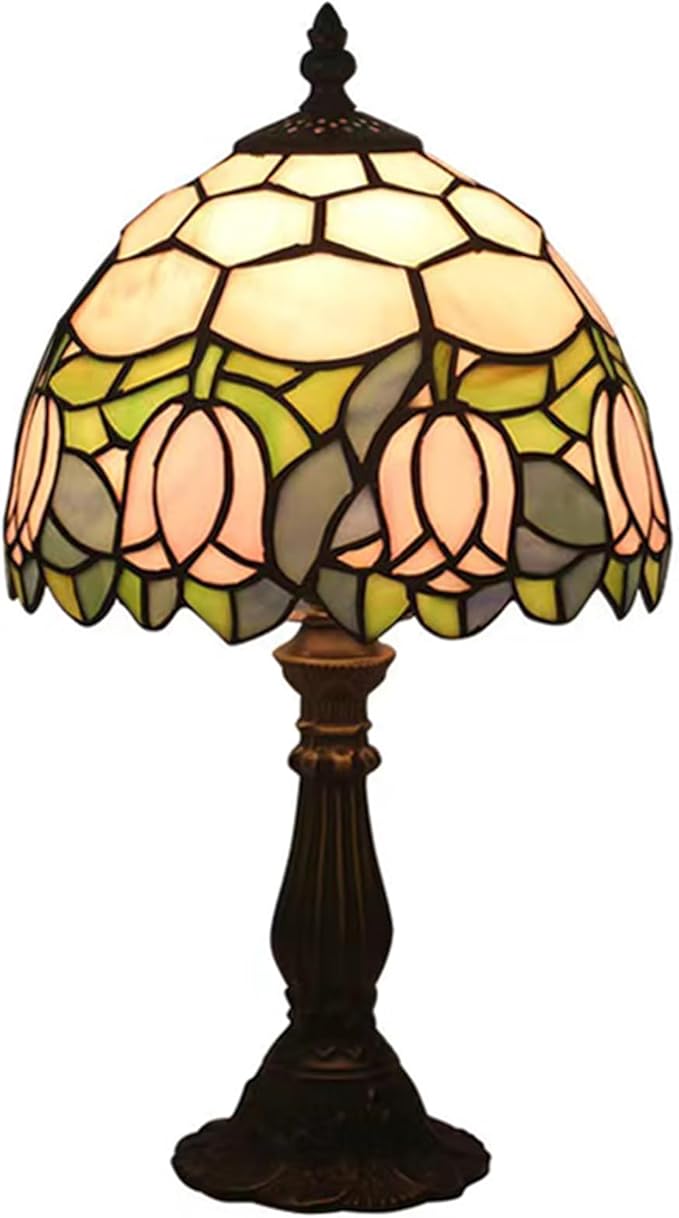 Tiffany Style Table Lamp, Pink Tulip Stained Glass Lamp, 8 Inch Small Antique Lamp, for Bedside Nightstand Bedroom Living Room Home Office, Include LED Bulb
