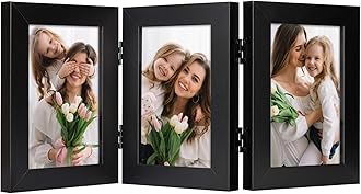 Frametory, 4x6 Trifold Picture Frame Hinged Photo Frames Three Folding Frame Desktop Glass Frame Vertical (Black, 4x6 Triple)