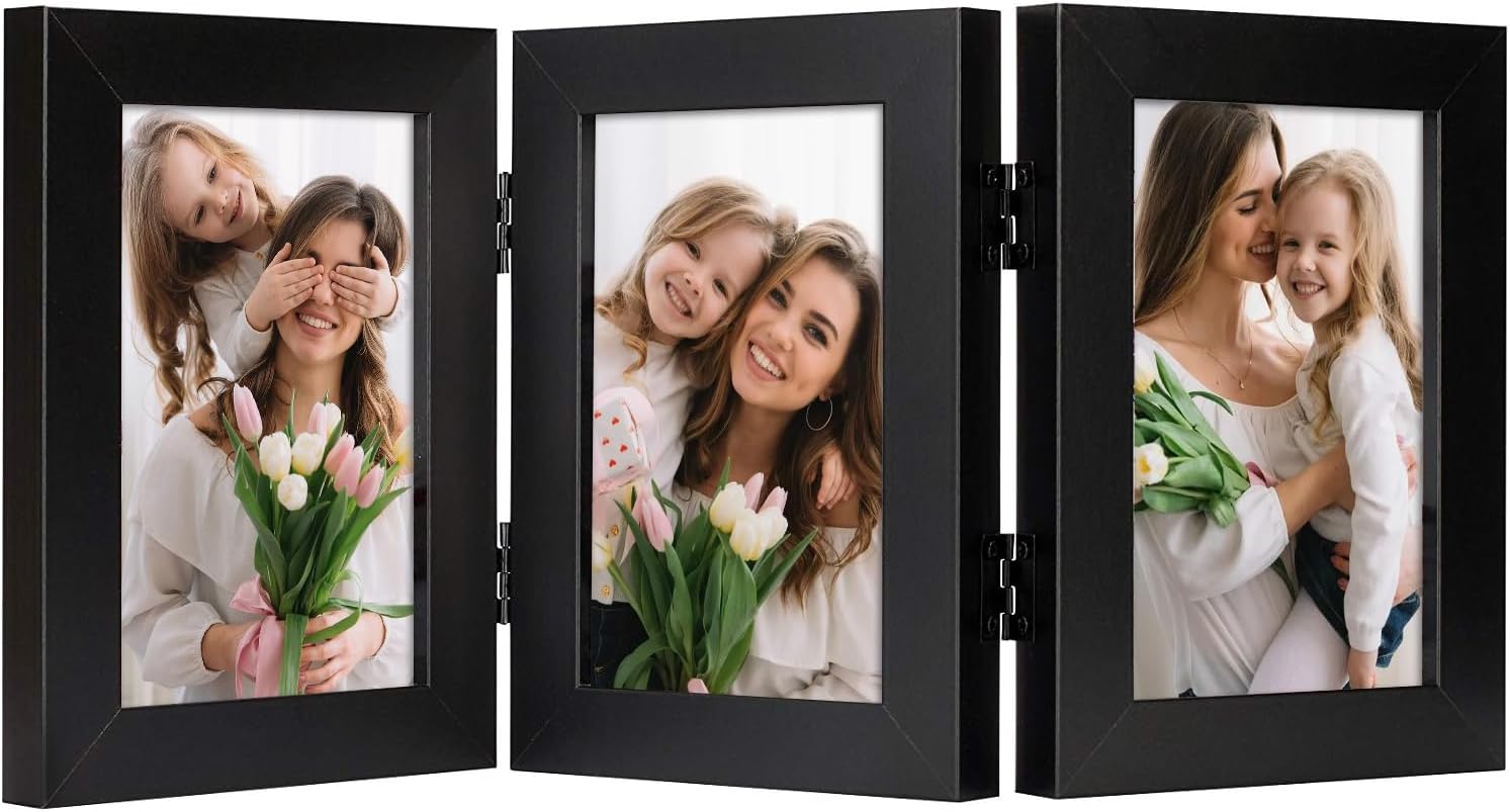 Frametory, 4x6 Trifold Picture Frame Hinged Photo Frames Three Folding Frame Desktop Glass Frame Vertical (Black, 4x6 Triple)