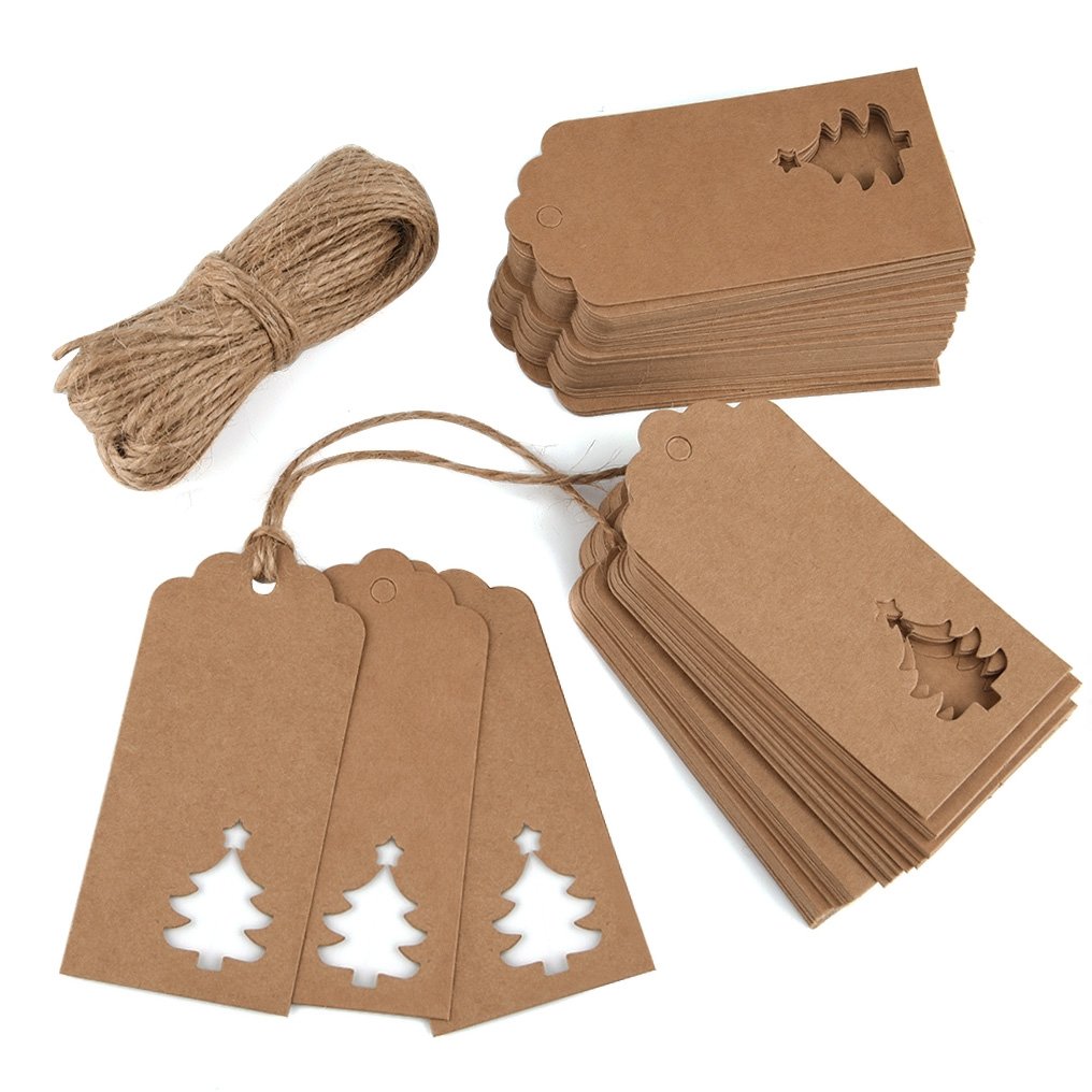 100 Pieces Kraft Paper Gift Tags Hollow Christmas Tree Design with 66 Feet Twines for Wedding Favor Party Gift