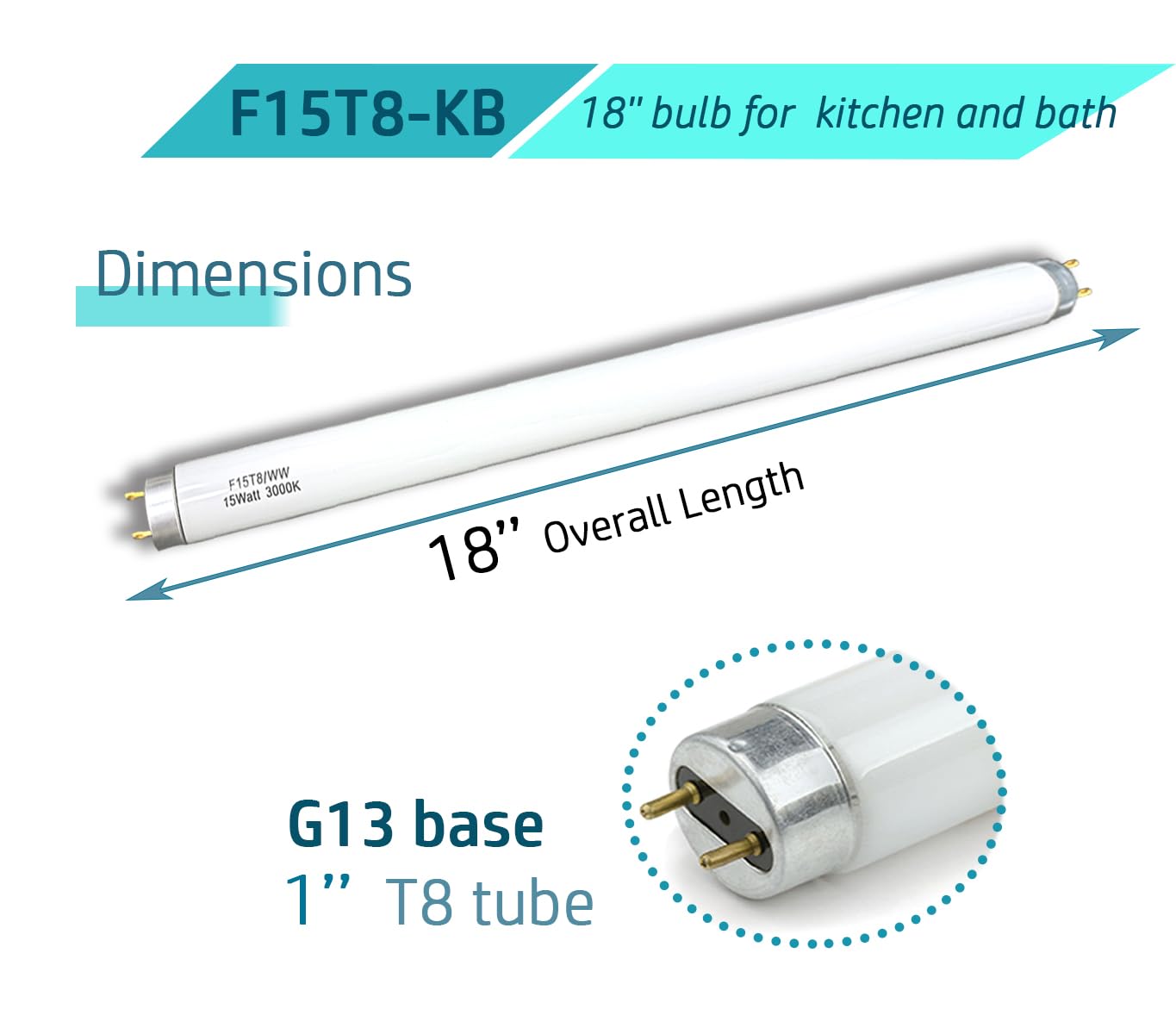 Bombilla fluorescente F15T8/WW (18 pulgadas) de 15 W, color blanco suave F15W-T8-KB, tubo de luz de repuesto, 3000 K, blanco cálido, lámpara lineal T8 para cocina y baño, 17 pulgadas, excluye