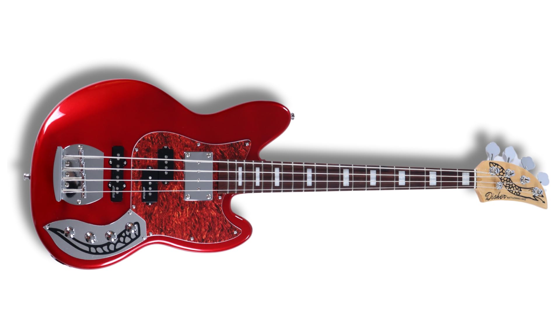 Disher Rattlesnake Bass Guitar (with Disher hard case, Disher seatbelt/leather guitar strap & 10 ft braided guitar cable) (3 Colors) (Metallic Cherry Red)