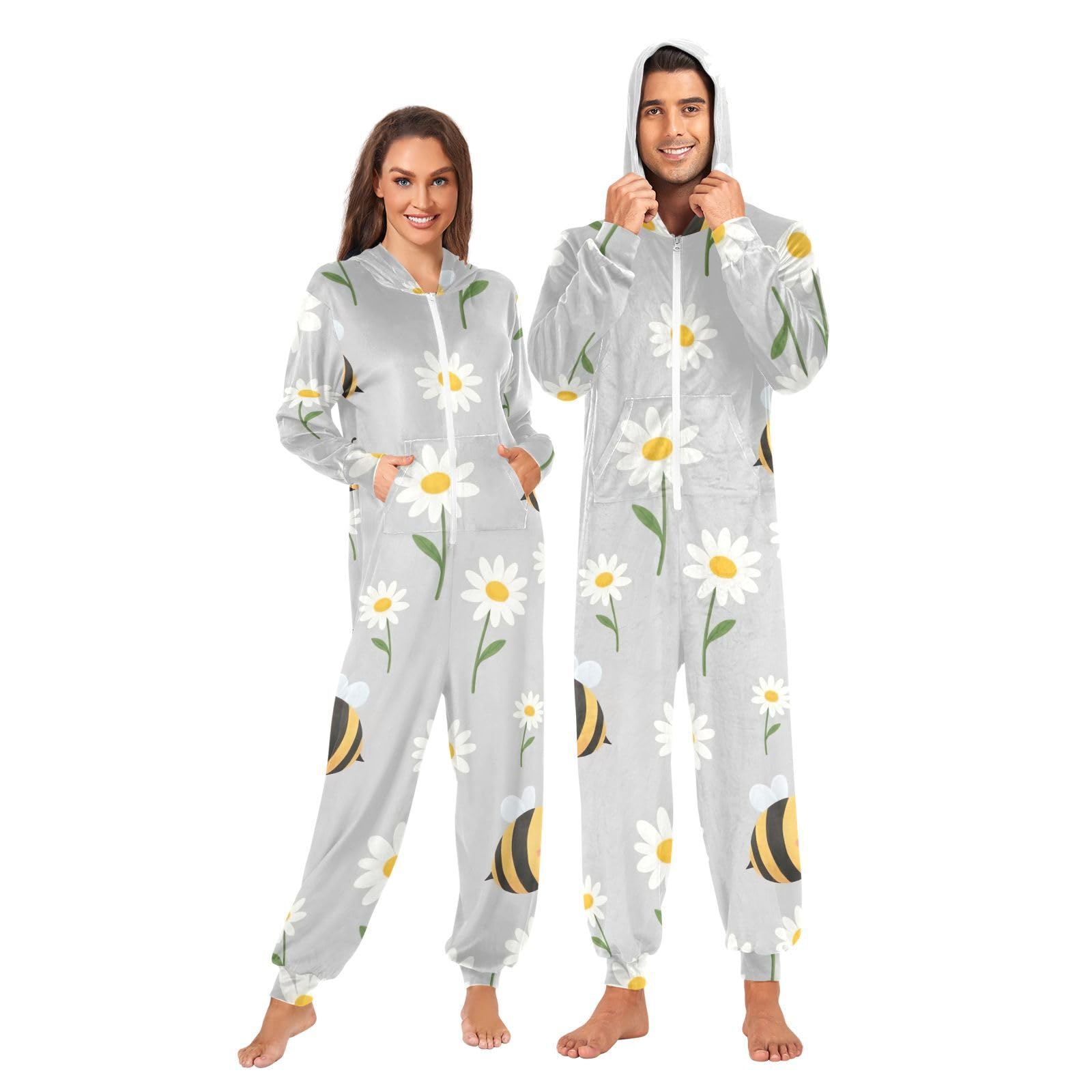 Carino Cartoon Bee Daisy Grigio Tutina Pjs Uomo Donna, Peluche Pigiama Tuta Intero