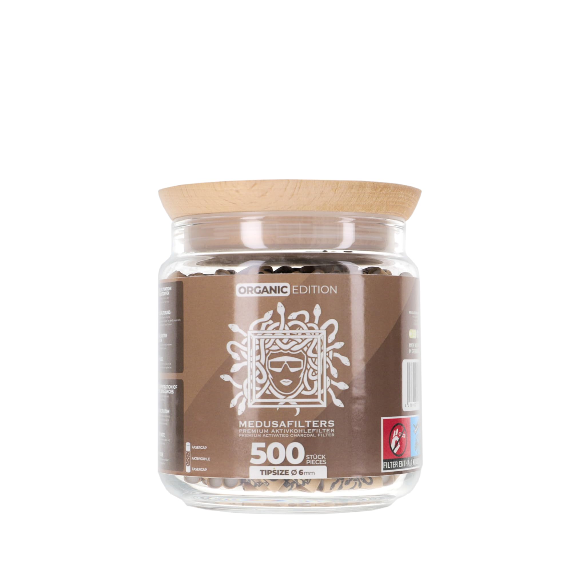 Medusafilters 500 Stück Aktivkohlefilter 6mm Slim im wiederverwendbaren Glas – Kokos-Aktivkohle mit neuen schmaleren Cellulose-Kappen, 25 mm, Made in Germany (Organic Edition)