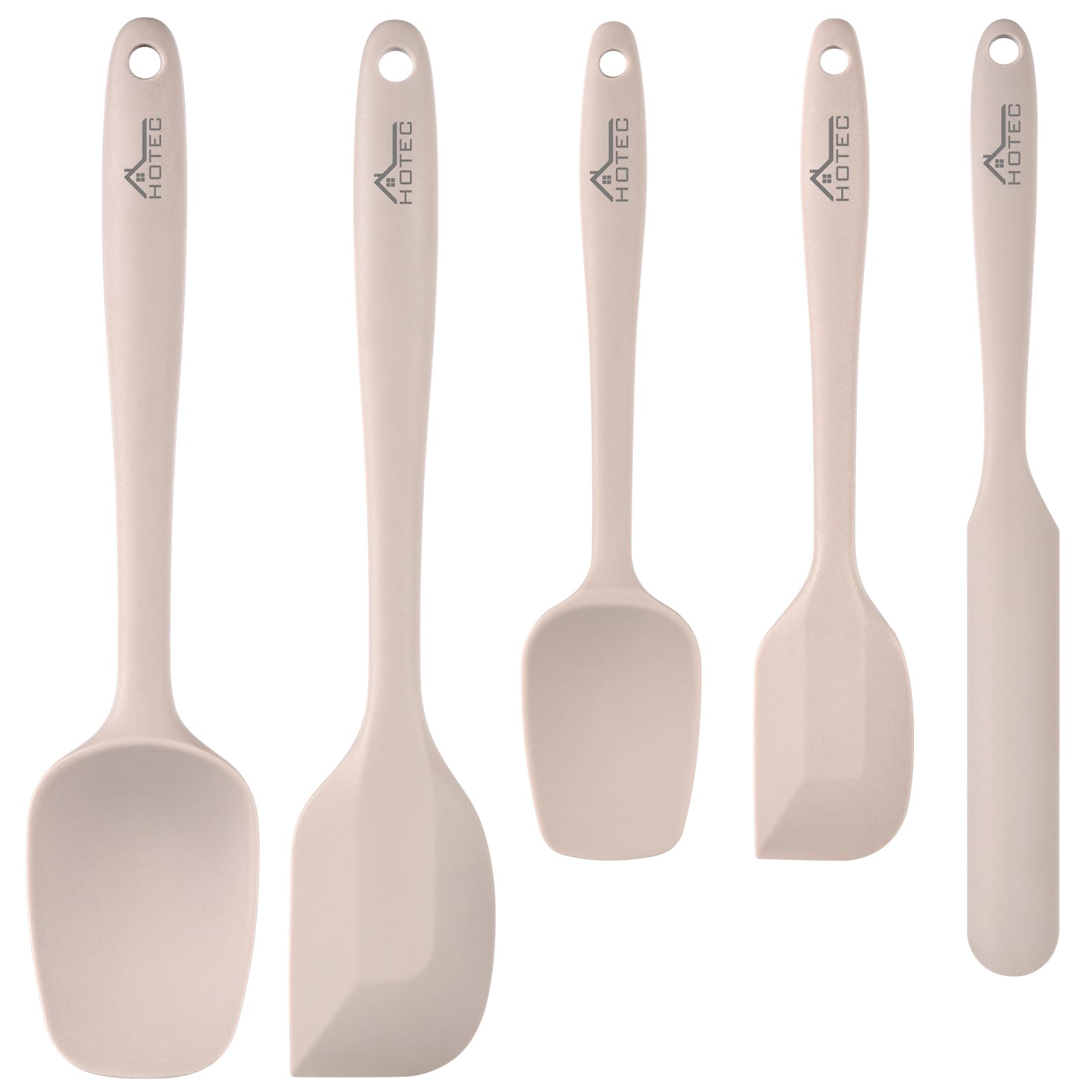 HOTEC 600℉ Heat Resistant BPA-Free Silicone Rubber Spatula Set,Kitchen Cooking Spatulas, Baking, Mixing for Non Stick Cookware, Dishwasher Safe, Set of 5, Khaki