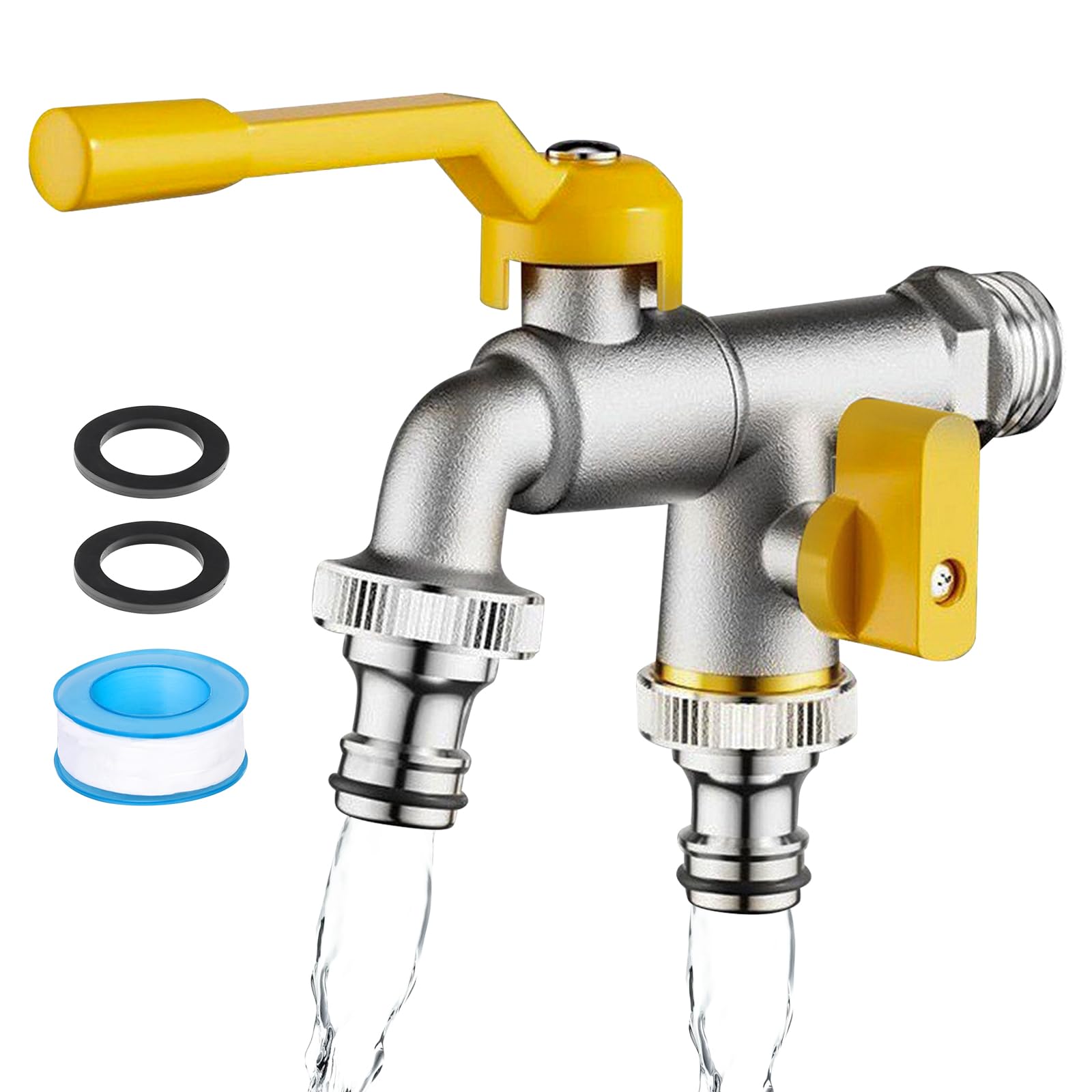 Robinet de Jardin Double Sortie en Laiton 1/2" Antigel avec 2 Sorties 3/4" et Ruban d'Étanchéité