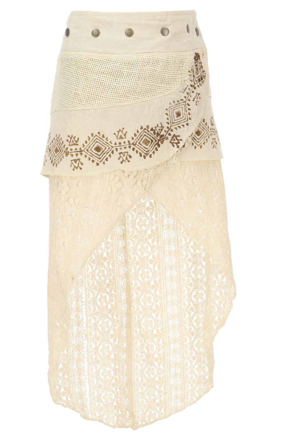 Psytrance Goa Pixi Lagenrock, Wickelrock mit Spitze, Damen, altrosa | Asymmetrischer Minirock aus Baumwollspitze, Slim Fit, handgefertigter Blockdruck, vielseitig kombinierbar.