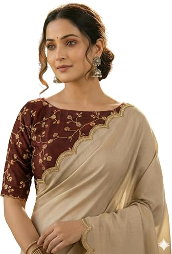 Chinon Silk Saree with Embroidered Blouse, Traditional Georgette Saree, Elephant Embroidery Pattern, V-Neck Design, Free S...
