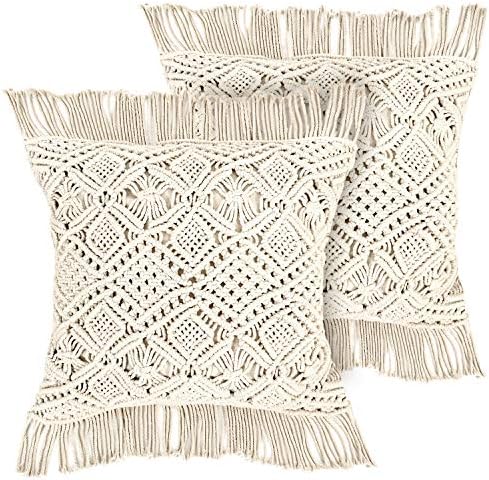 LIVALAYA Macrame Pillow Covers - Set of 2 Ivory Boho Throw Pillow Covers, Farmhouse Woven Bohemian Pillow Cover with Tassels for Bed Couch, Boho Decor Pillows, Decorative Cases for 18 inch Insert