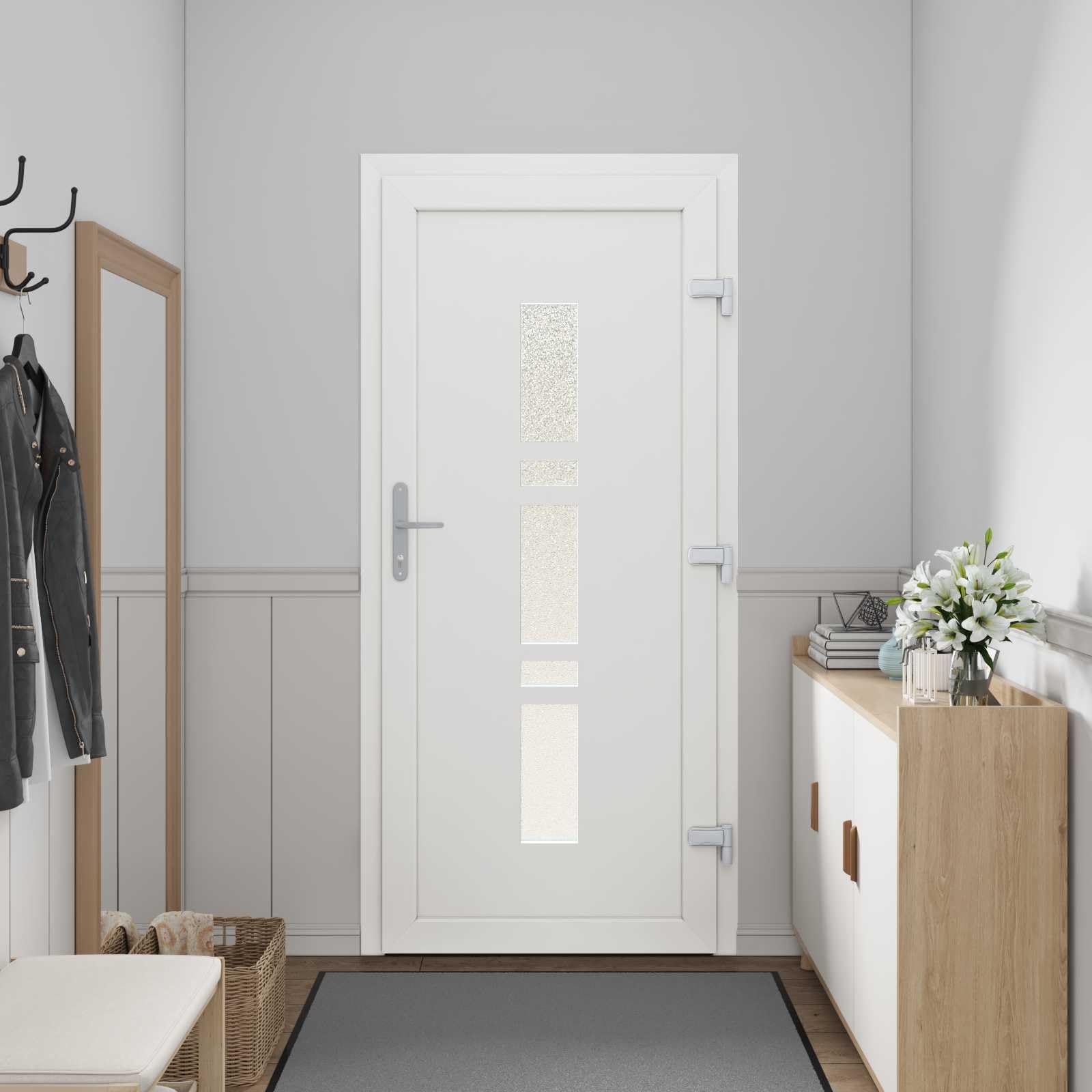 Vordertür Anthrazit PVC 108 x 208 cm Haustür mit Glas, Mehrfachverriegelung, Schallschutz, Wärmedämmung, Einbruchhemmend, inkl. Schloss, Zarge, Beschlag für Neubau und Renovierung