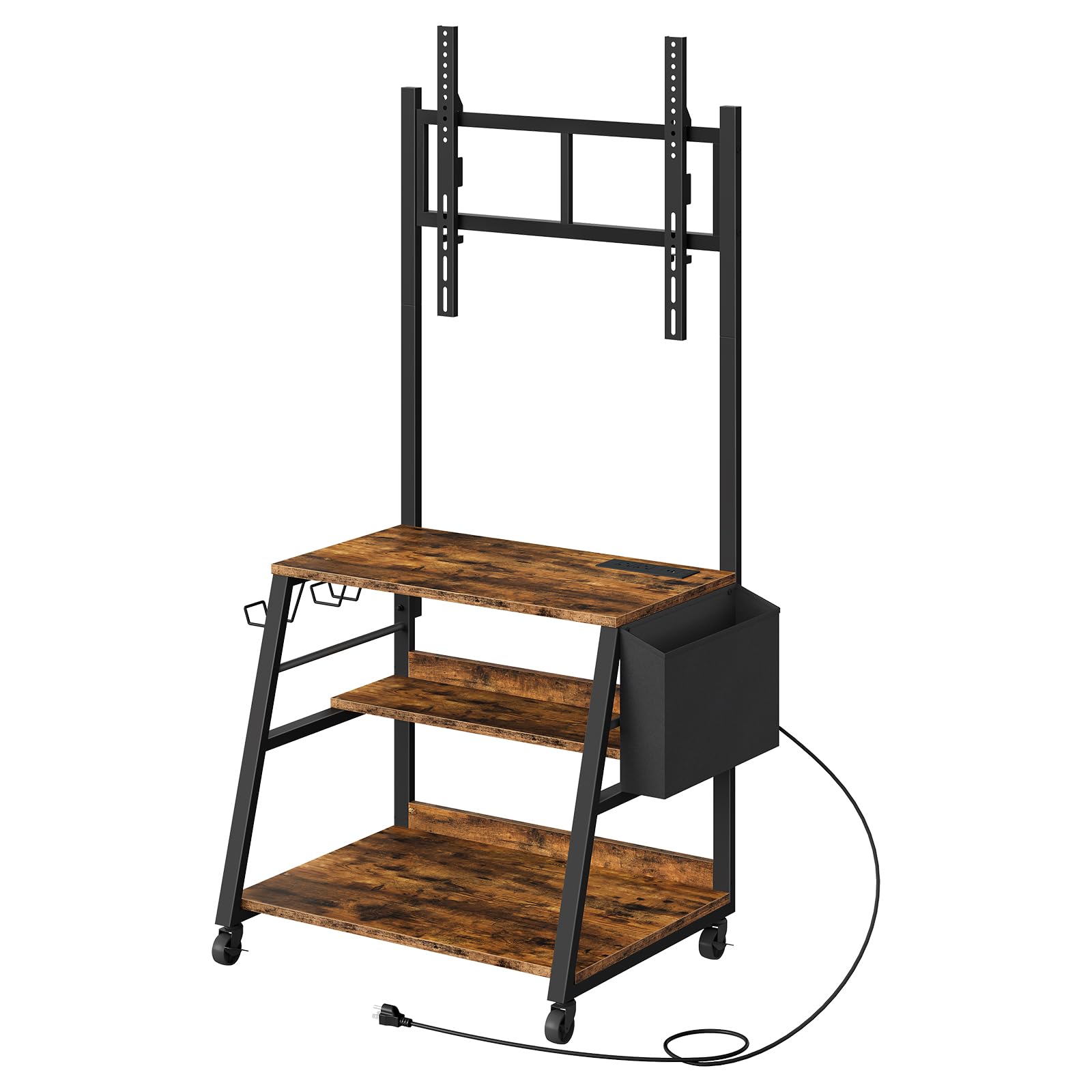 CHOEZON Mobile TV Stand con stazione di ricarica, supporto regolabile e ruote, tavolo console TV rotolante, centro intrattenimento, per TV fino a 75 pollici, ripiano portaoggetti a 3 ripiani, marrone