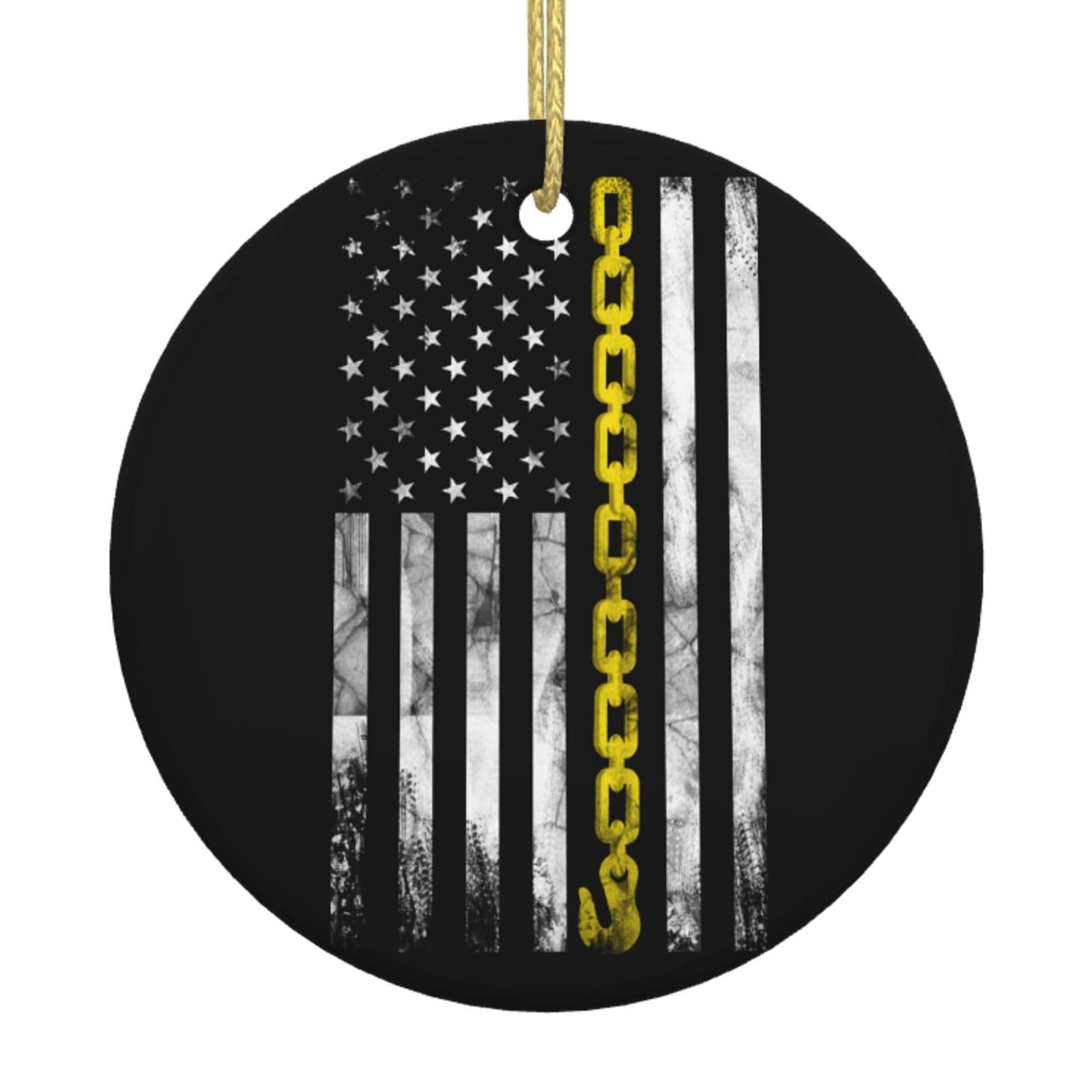 Joisbs Holiday Ceramic Ornament, USA Yellow Thin Line Hook Tow Truck American Driver, Double-Sided Round Pendant, Ideal Christmas Decoration