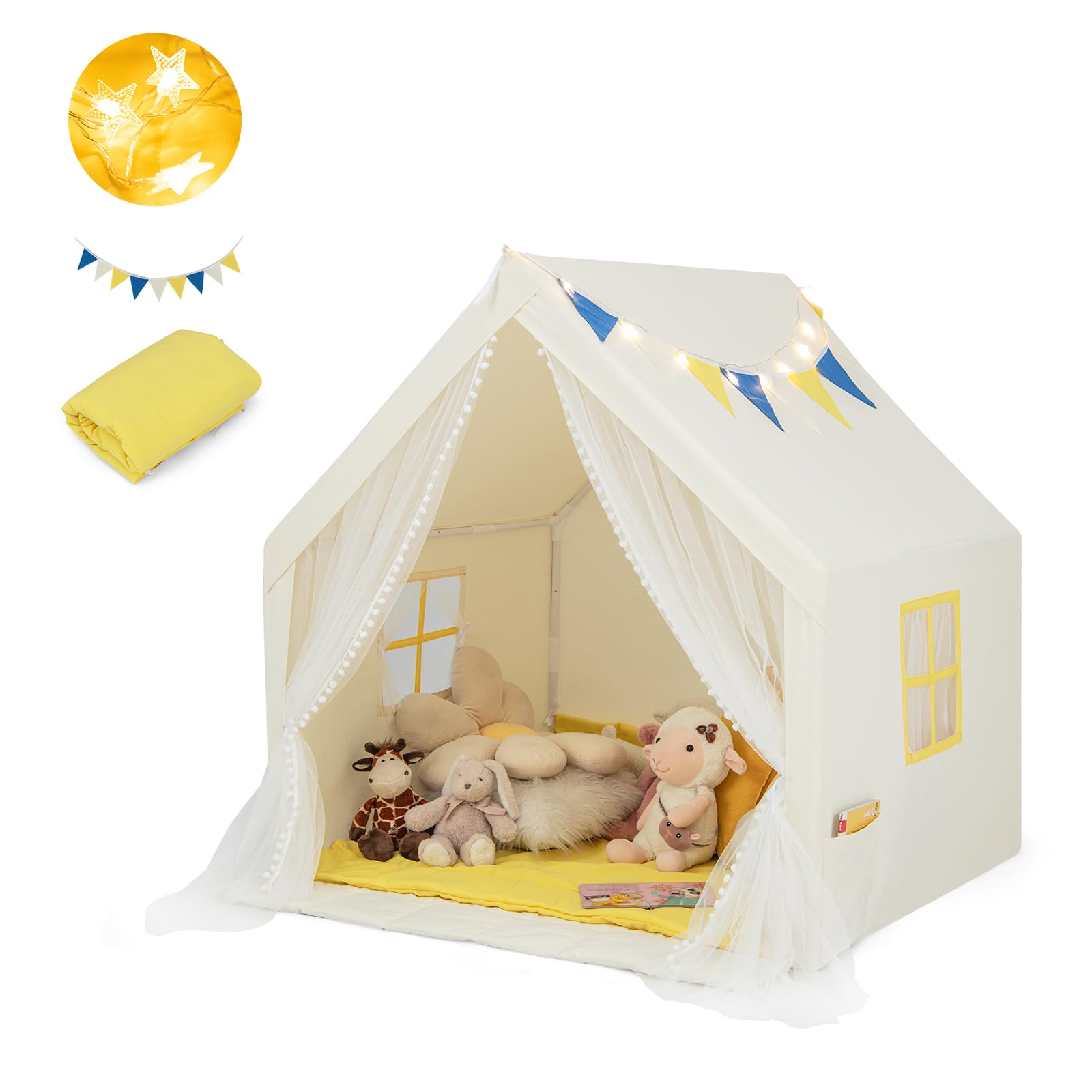HOMASIS Kinderzelt für Indoor & Oudoor, Kinder Spielzelt mit Sternenlichtern & Matte & Fenster & Vorhang, Spielhaus Prinzessin für Jungen & Mädchen, Kinderspielhaus Tipi Zelt 121x105x125cm