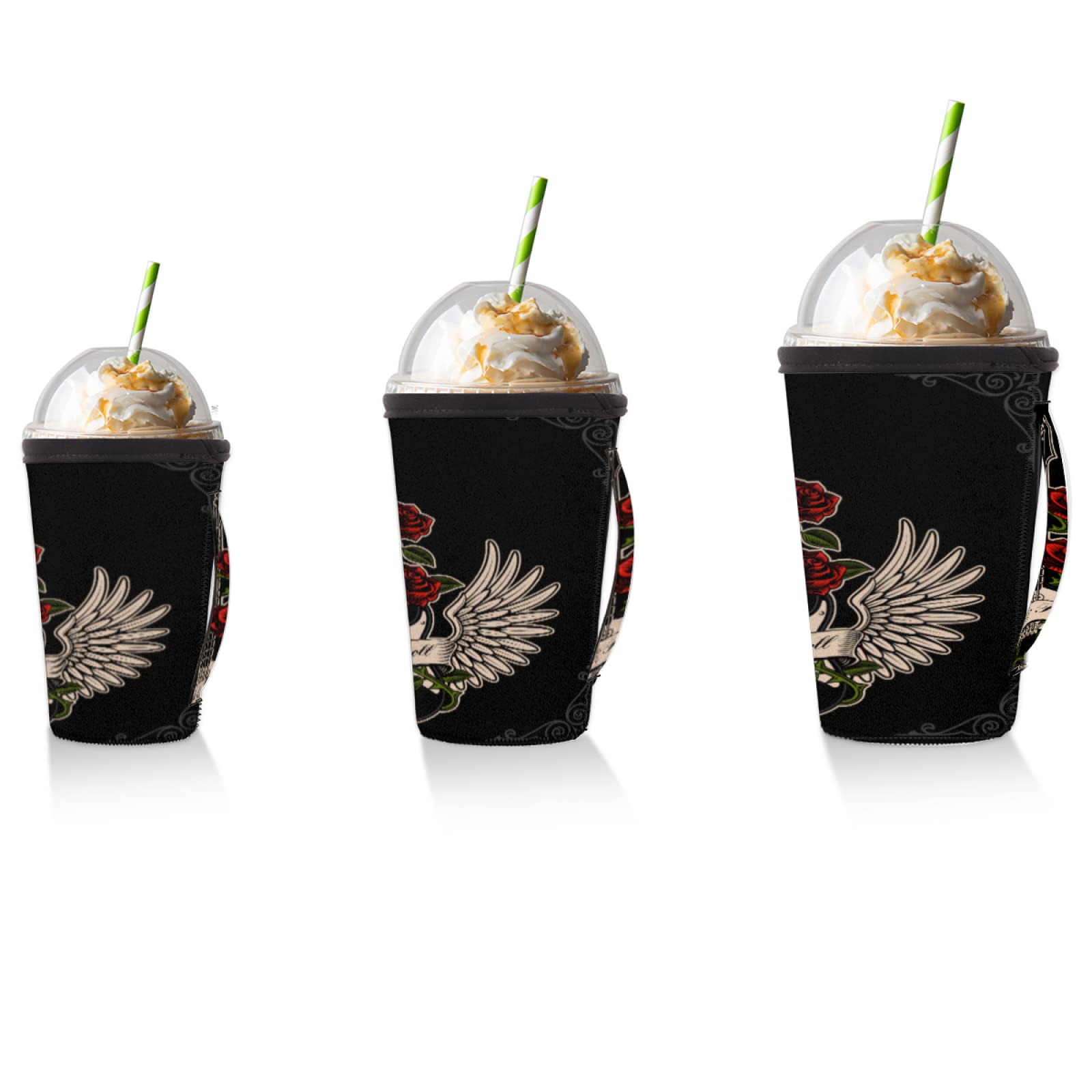 Guitar and Red Rose Printing Iced Coffee Cup Sleeve for Cold Beverages Vintage Instrument Neoprene Cup Sleeve with Handle Coffee Tea Cups Insulated Sleeves (24 oz)