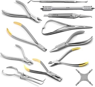 Professional Dental Orthodontic Instruments Kit 12-Piece Clinic Set with TC Pliers, Bracket Removers, Tweezers, Cutters & More Essential Tools for Dentists & Orthodontists