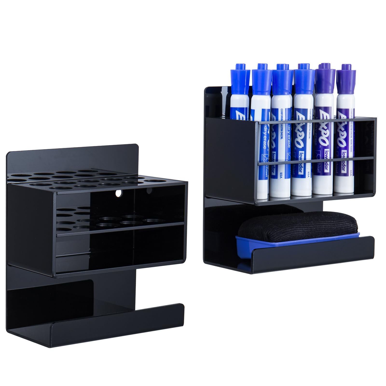MyGift Wall Mounted Dry Erase Whiteboard Marker Holder Stand with 10 Marker Slots and Eraser Holder, Black Set of 2