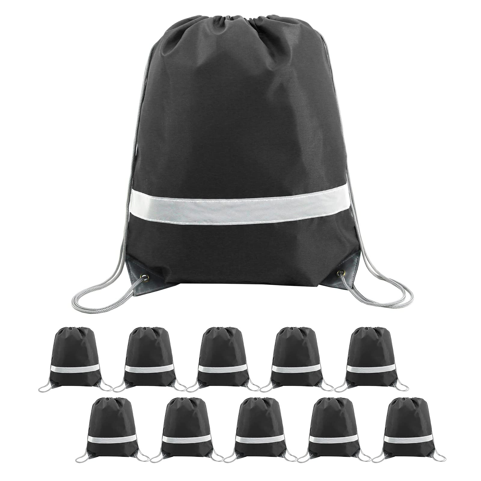 BeeGreenBlack-Drawstring-Backpack 10 Pieces Wholesale, String Backpack for Party Gym Sport Trip, Reflective Strips Cinch Sack with String DIY Drawstring Bags for Women and Men