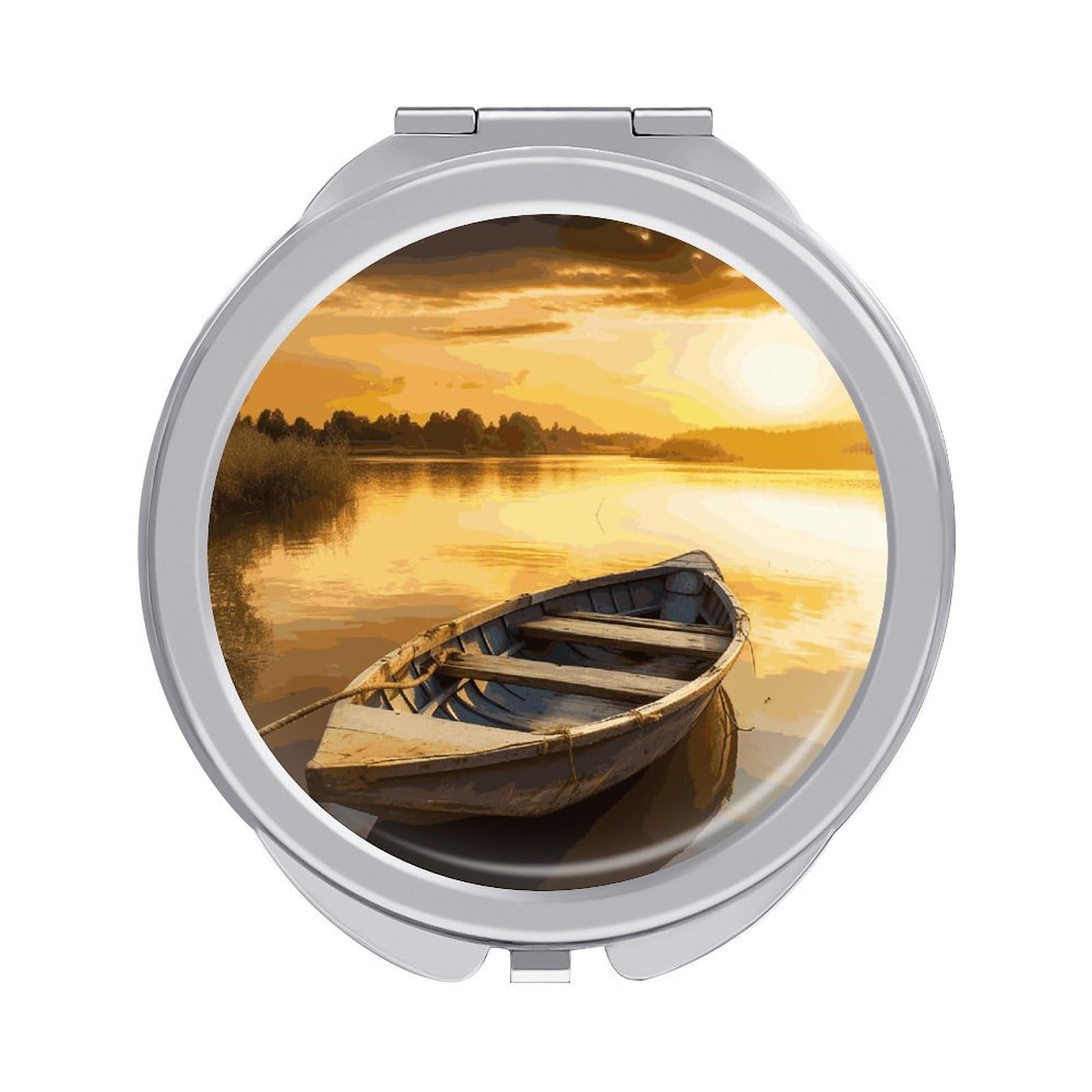 FekiLoot River Sunset Wooden Boat Travel Makeup Mirror 2 X /1 X Magnifying Slim Pocket Mirrors Compact for Purse Travel Makeup Mirrors for Pocket, Handbag, Purse Women Gift