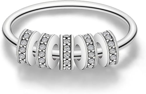 LOVECOM Anillo giratorio de plata de ley 925 con cuentas de circonita, alivio del estrés, para mujeres y niñas, libera la ansiedad, giro,
