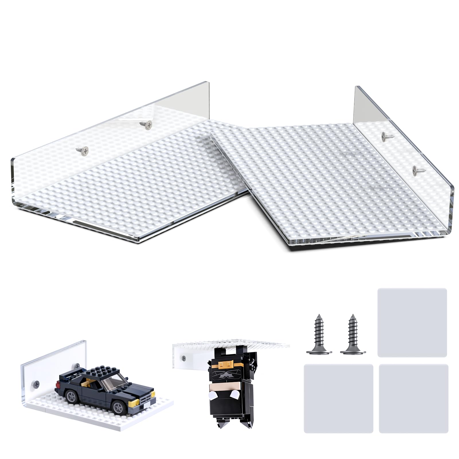 6-Pack Acrylic Floating Display Shelves for Wall,Compatible with LEGO Building Bricks,Dual-Sided Shelves with 16x16 Studs for LEGO Toy Brick Storage and Display (White, 2-Pack(10.16×5.31×2.17 inch))