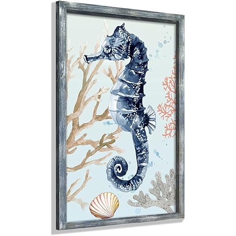 Blue Seahorse Wooden Wall Art: Coastal Ocean Decor for Bathroom, Bedroom - Framed Beach Theme