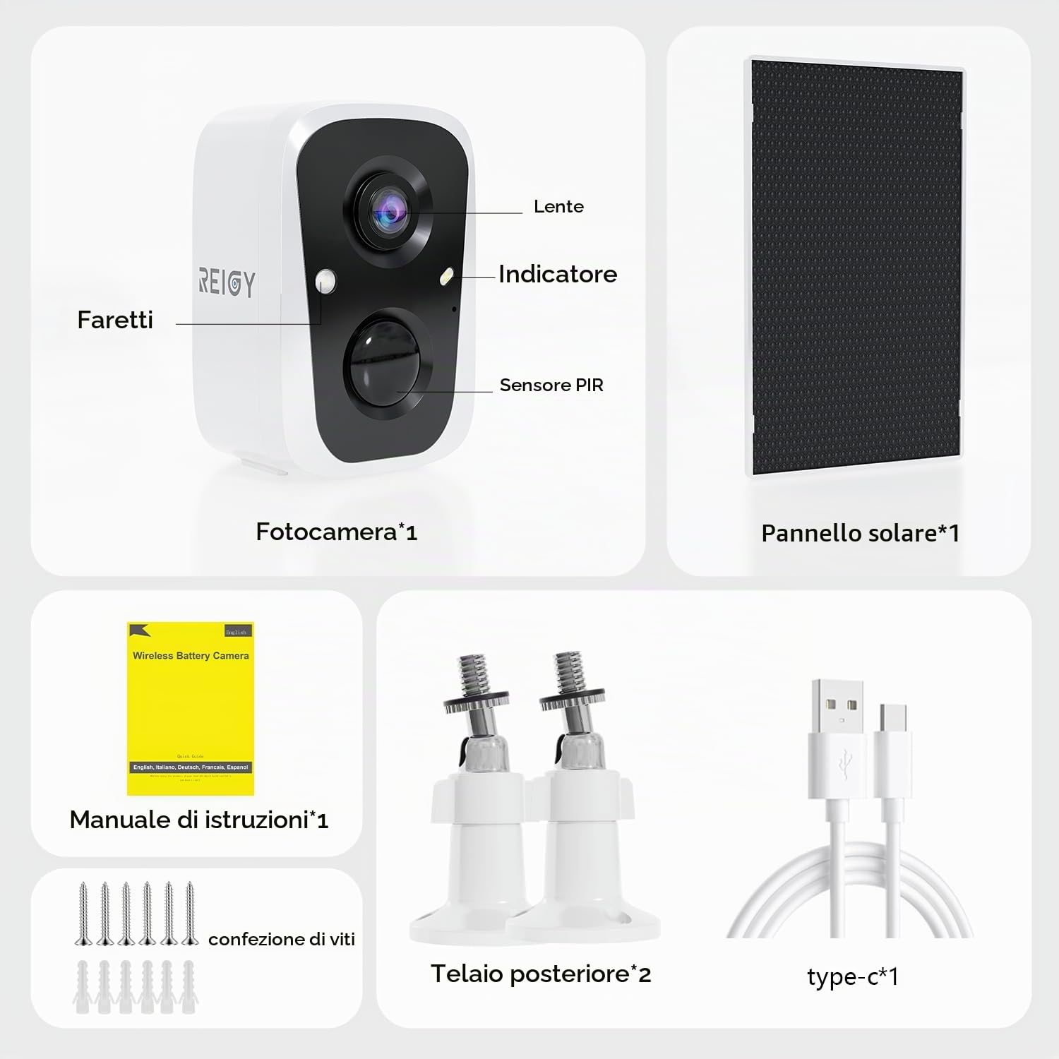 REIGY 4MP Telecamera WIFI Interno/Esterno Batteria Senza FIli, Videocamera Sorveglianza con Pannello Solare, Rilevazione di Movimento PIR, Audio a 2 Vie, IP65, Supporto 2,4GHz/5GHz
